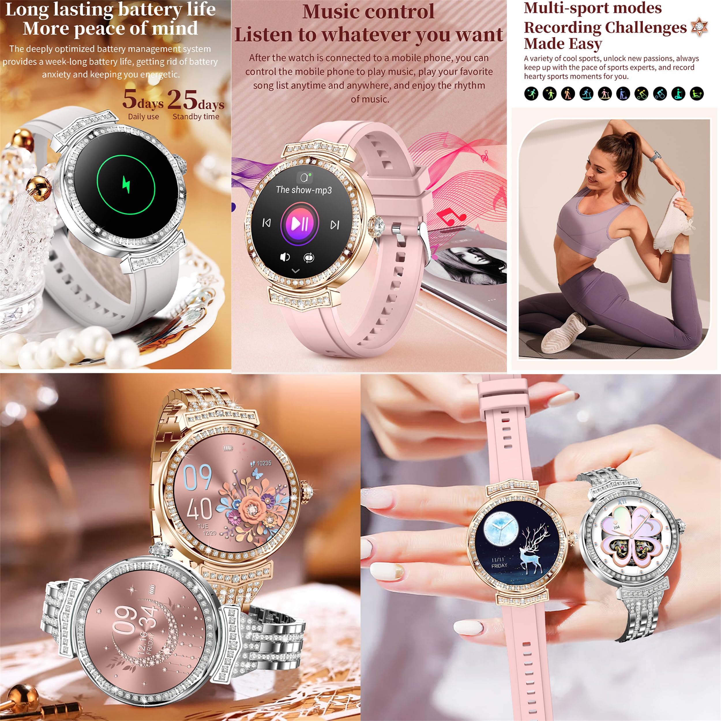 Reloj Inteligente Mujer con Llamadas, 1,32” AMOLED 5ATM Smartwatch Deportivo con Podometro Pulsometro SpO2 Sueño Presion Arterial Pulsera Actividad 5ATM Reloj para iOS Android, 3 Correas (plateado)