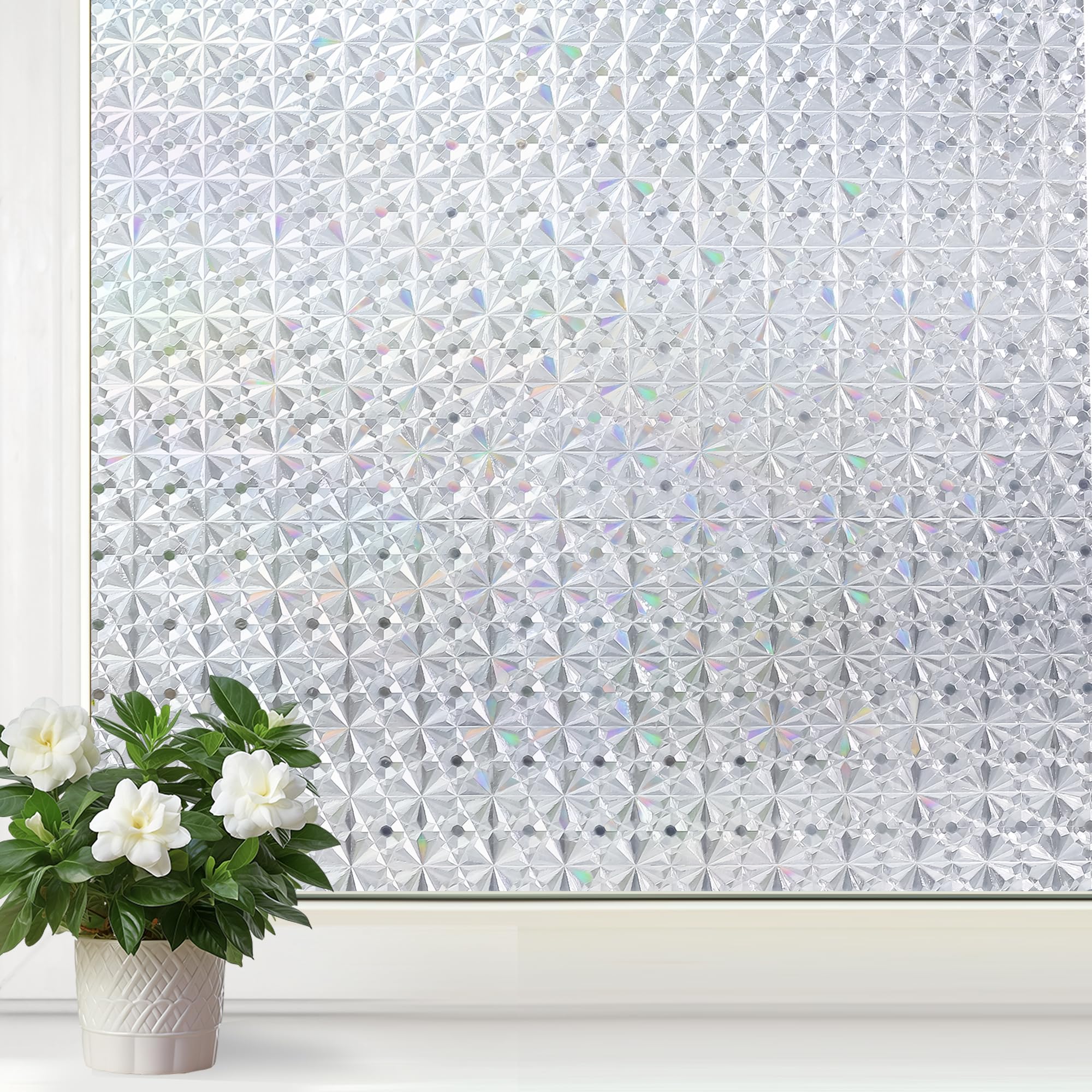 Mangobox Window Privacy Film Non Adhesive 3D Diamond Window Decal Sticker Static Cling Door Glass Covering Square Window Tinting for Home Kitchen Bathroom Office (Clear Diamond, 23.6x157.4 inches)