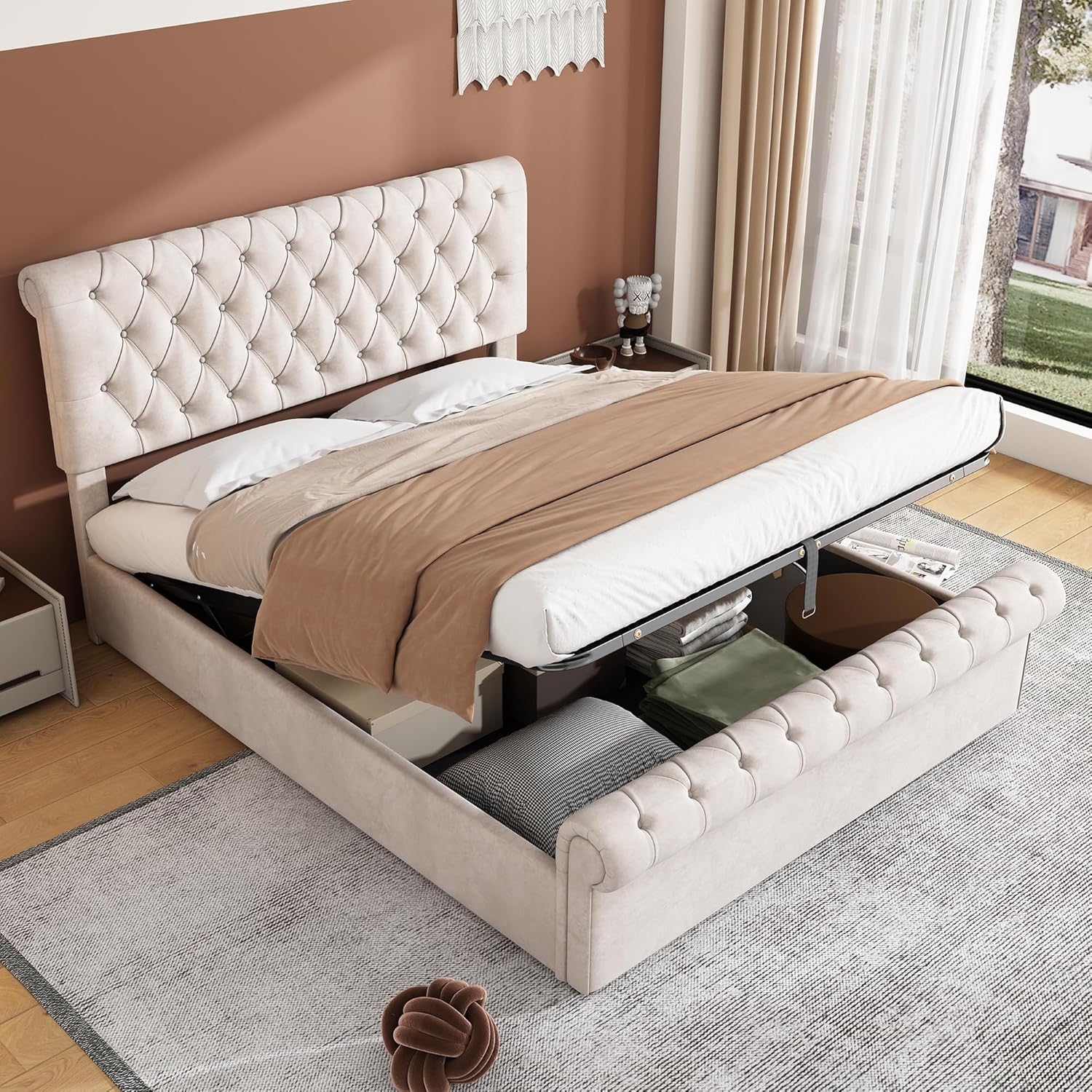 ADIBY Ottoman Storage Bed with Hydraulic Lever,Velvet Upholstered Bed