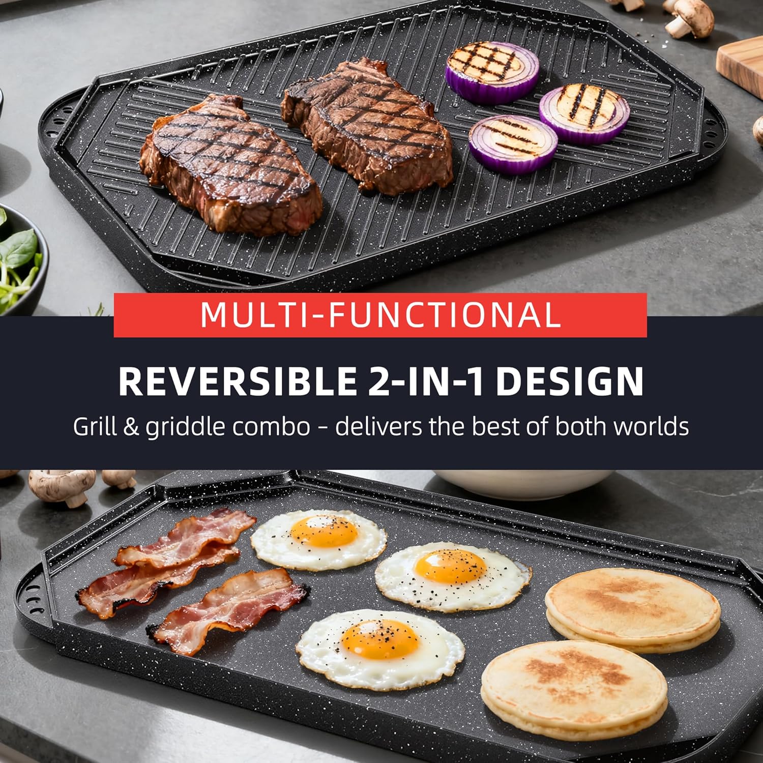 Caannasweis Nonstick Griddle Grill Pan, 19.5" x 11" Reversible Griddle Pan for Stove Top, Grill, or Campfire, Two Burner Cast Aluminum Grill, Rectangular Baking Flat and Ribbed Griddle Plate