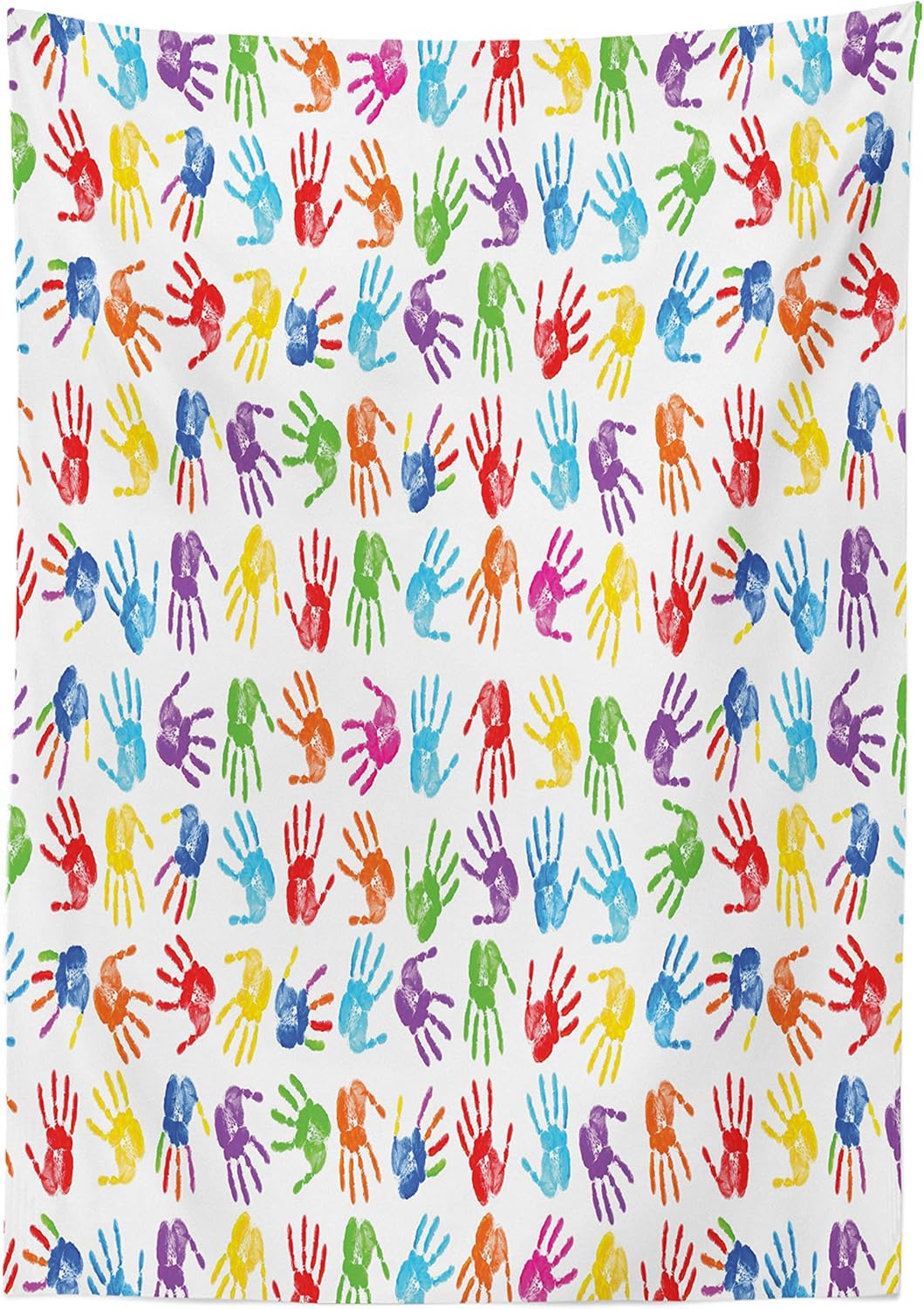 Ambesonne Colorful Outdoor Tablecloth, Human Handprint Kids Watercolor Paint Effect Open Palms Collage Art Work Print, Decorative Washable Picnic Table Cloth, 58" X 84", Azure Blue