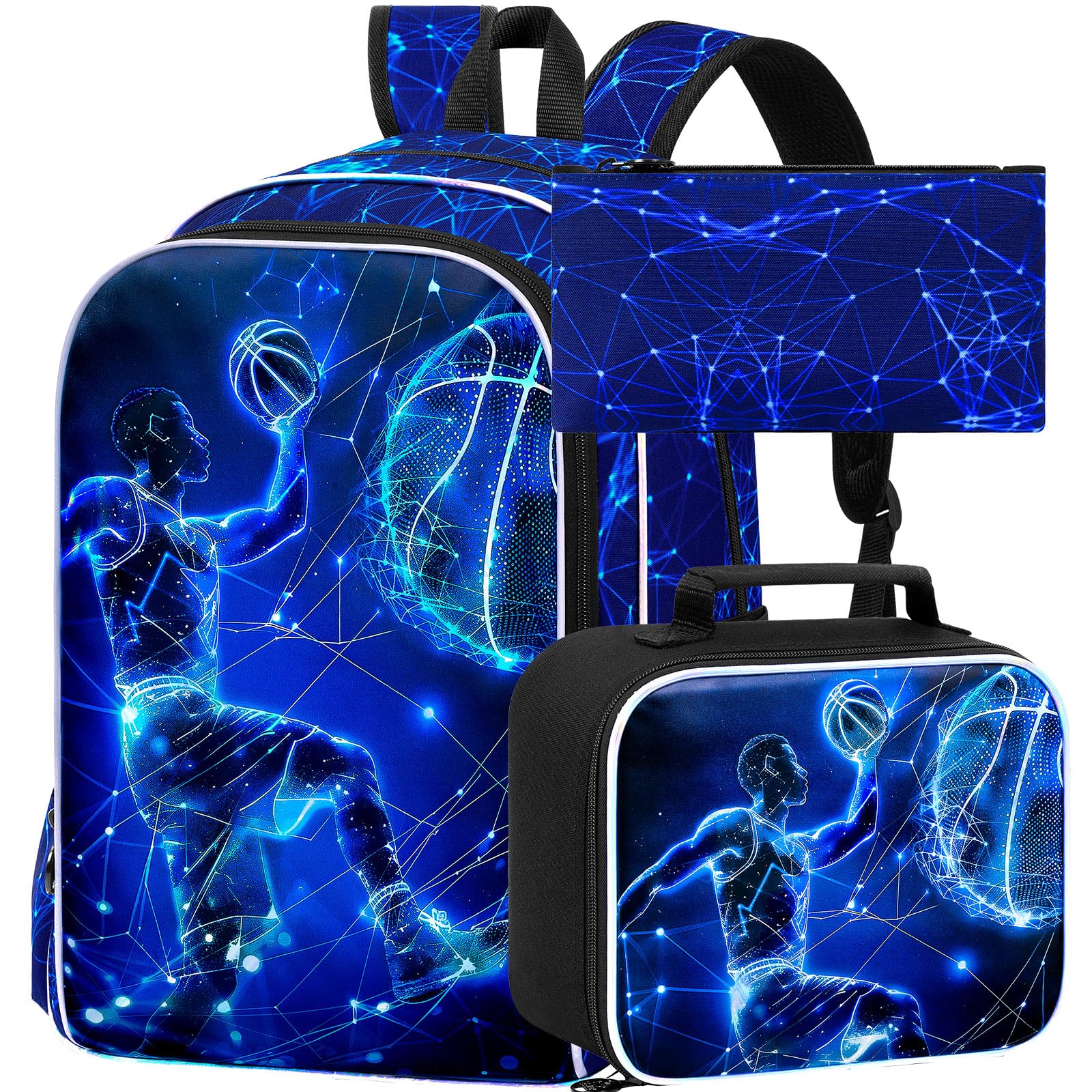 17" Basketball Backpack for School, 3Pcs Boys Bookbag with Lunch Box, Kids Backpacks Set for Elementary Preschool Kindergarten (Blue)