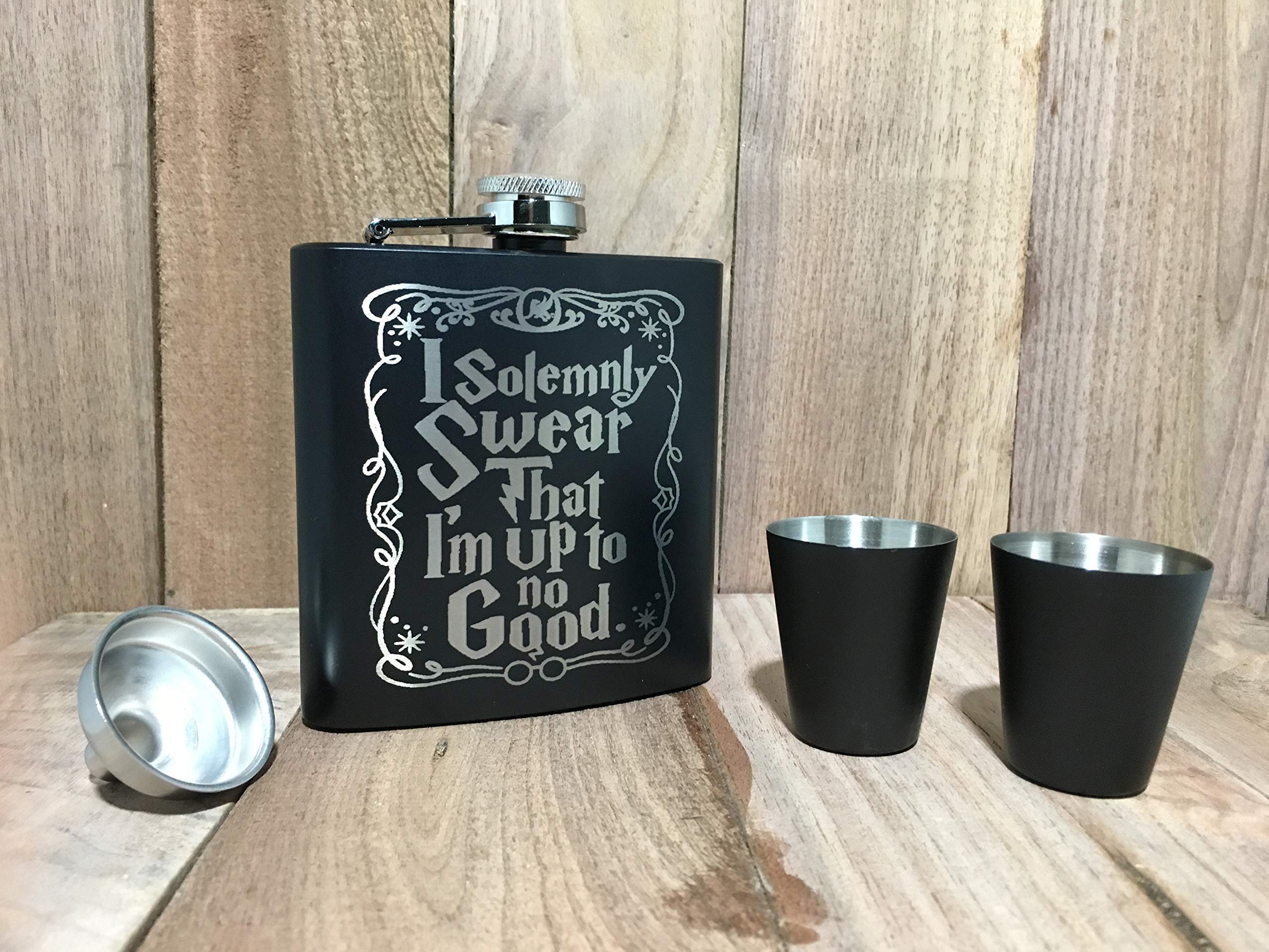 Custom Engraved I Solemnly Swear, I am up to no Good Black Flask with Gift Box