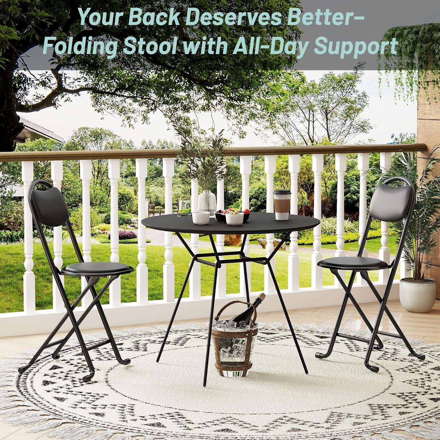 2pcs Folding Stool with Back, Folding Bar Stool with Cushioned Padded, 17inch Black Height Metal Portable Chair Stool for Outdoor Indoor Kitchen Shop Cafe Garden Camping Fishing, Black