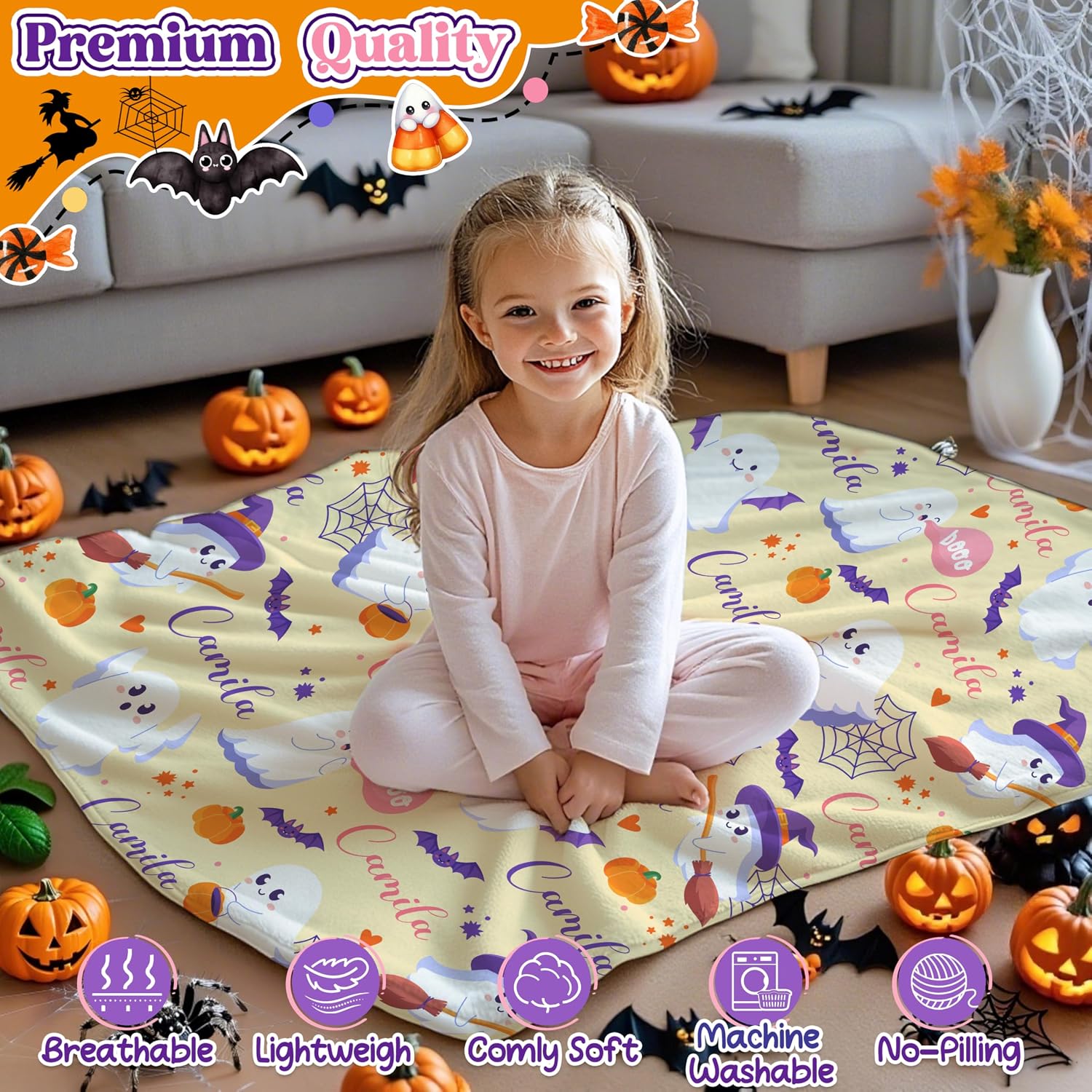 Personalized Halloween Blanket with Name for Boy Girl Custom Halloween Ghost Throw Blankets Soft Plush Customized Black Blanket for Toddler Infant Unique Custom Gift for Kid Women Men Teen Ghost Decor