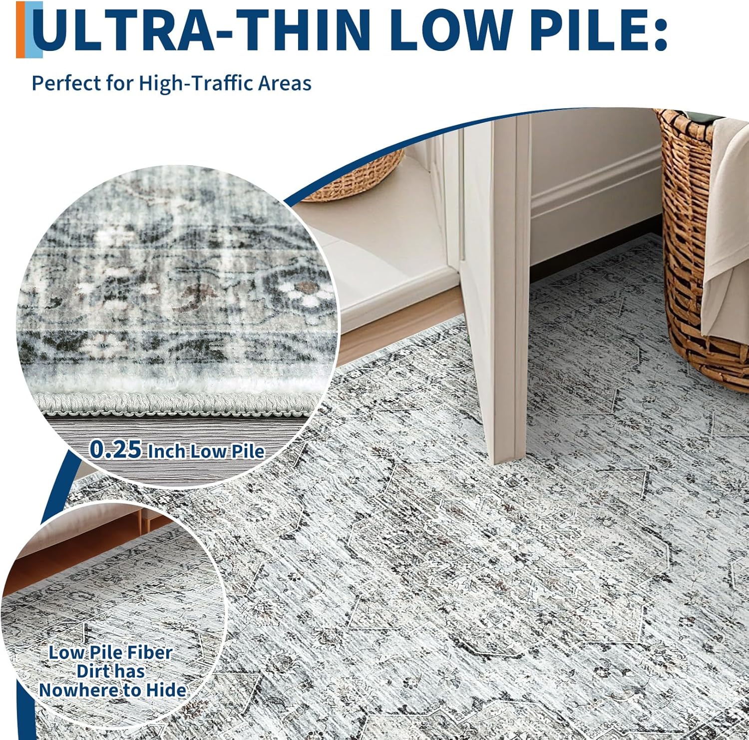 Living Room Area Rug 8x10 Area Rug Vintage Indoor Carpet Low Pile Stain Resistant Throw Carpet Non Slip Non Shedding for Bedroom Playroom Dining Room，Blue Brown