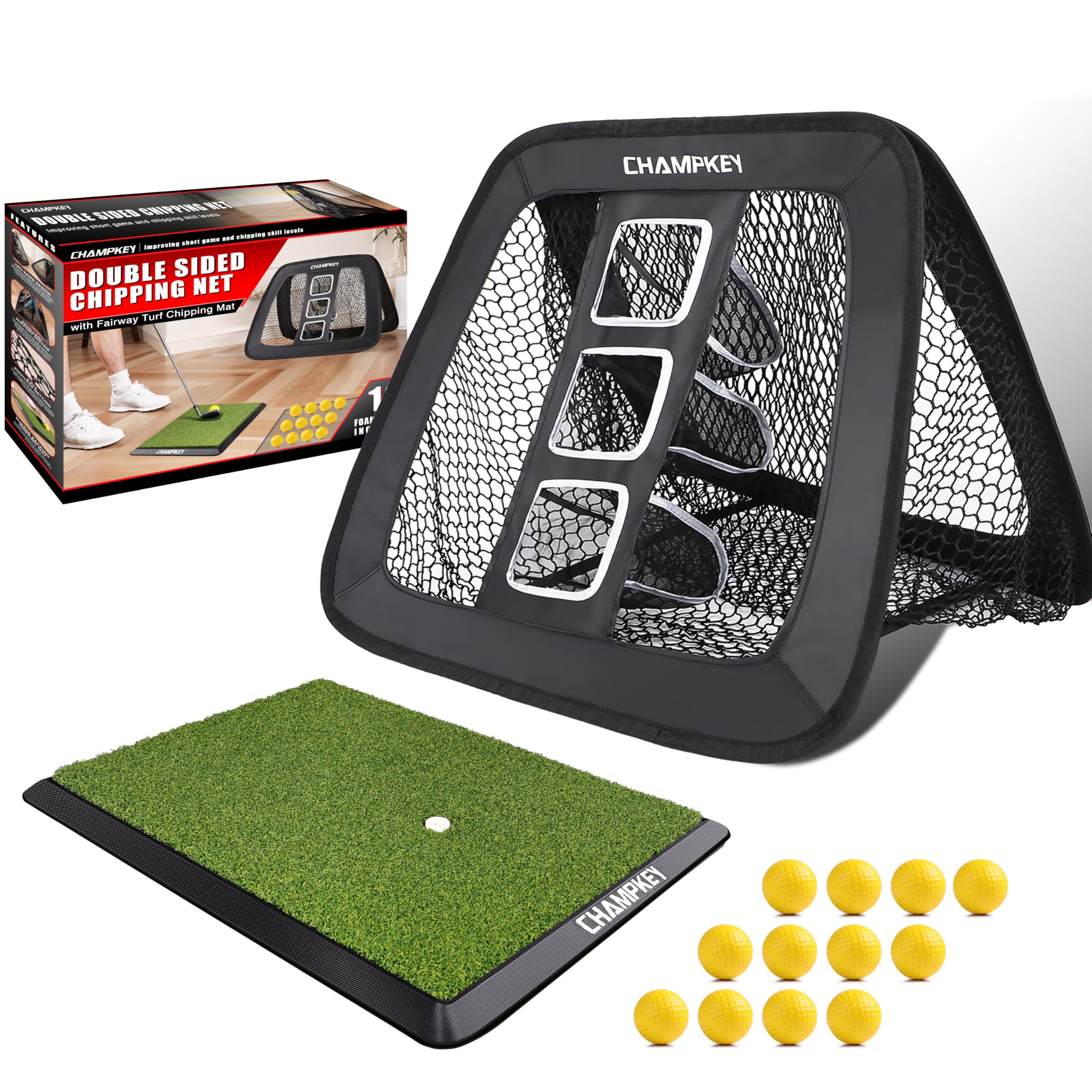 CHAMPKEY Double -Sided Golf Chipping Net with Mat and 12 Foam Balls - Professional Golf Practice Net Ideal for Indoor and Outdoor Training