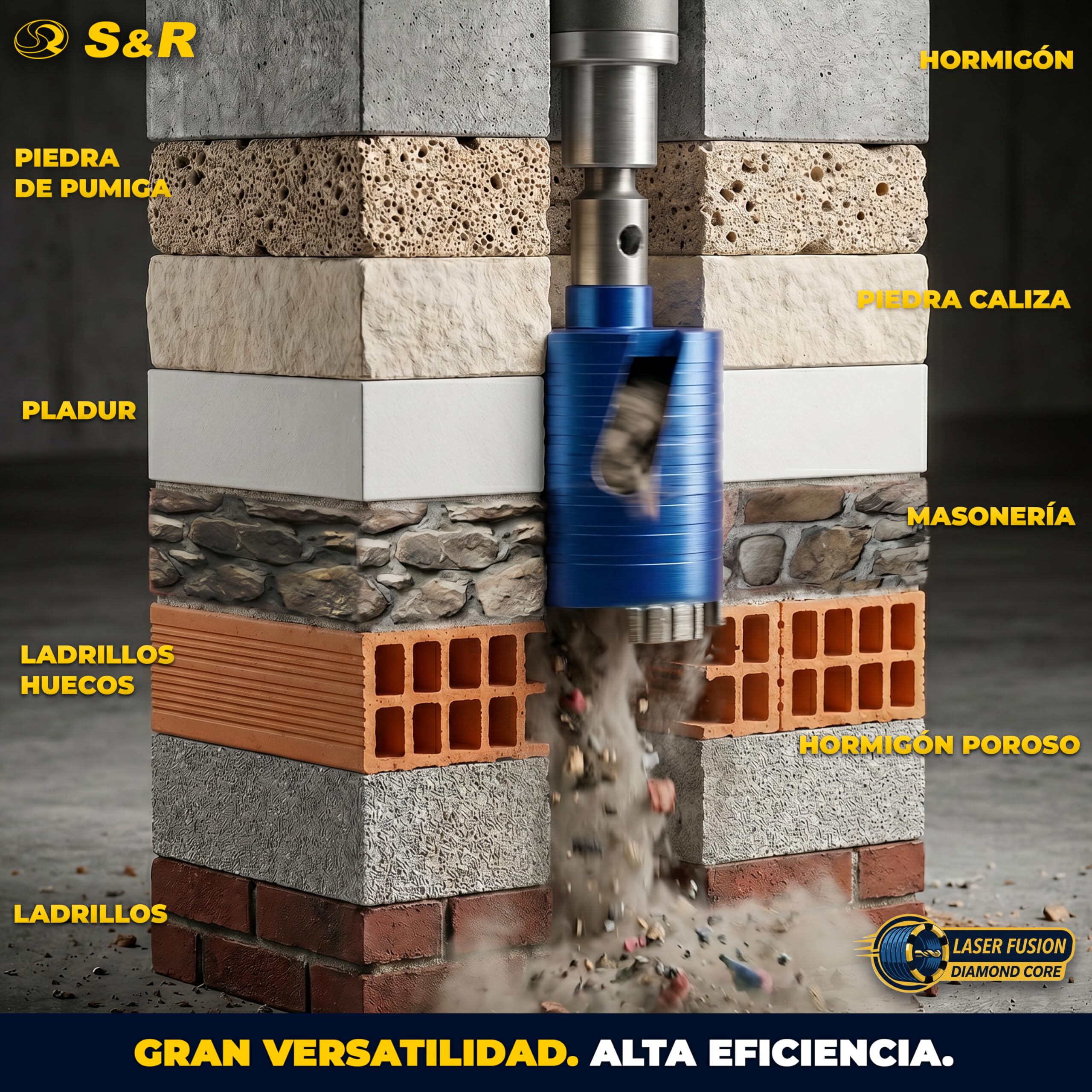 S&R Corona de Perforación de Diamante – Set 72 mm - Altura de segmento 10 | Broca Central 8 x 120 mm + Adaptador SDS-plus + Caja estable - Avellanador de latas