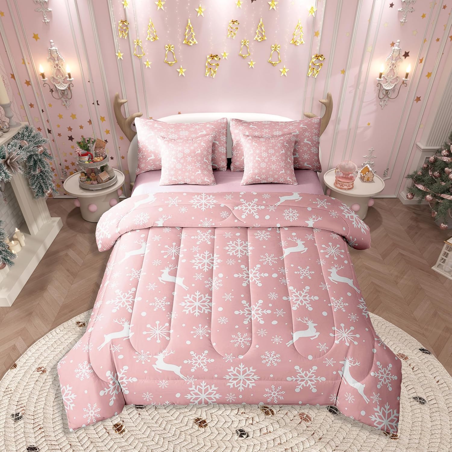 Erosebridal Christmas Deer Bed in a Bag Queen Comforter Set 7 Piece,Romantic Winter Snowflake Bedding Sets for Kids Boys Girls Princess Pink Floral Wildlife Xmas Decor Sheet Set with Comforter