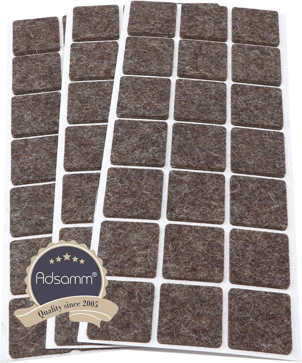 Adsamm® / 63 x self-Adhesive Wool Felt Pads/Brown / 30x30 mm/Square / 3 mm Thick Extra Soft Natural Stick-on Felt Furniture Glides/Furniture Protective Pads