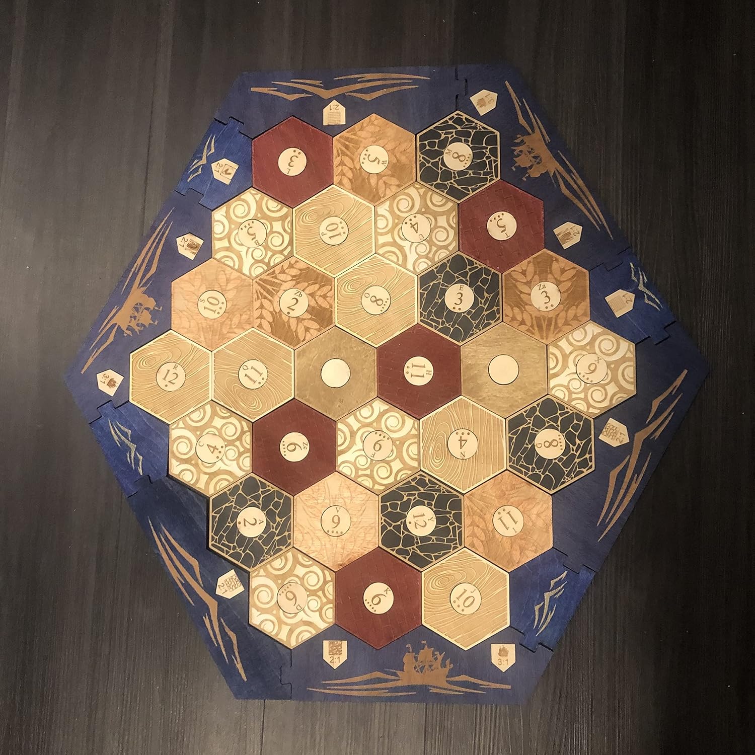 Blue Stained Border Wood Game Board With Custom Laser Etched Terrain, Border and Number Tokens Compatible with Settlers of Catan 5-6 Player Wooden Board Game