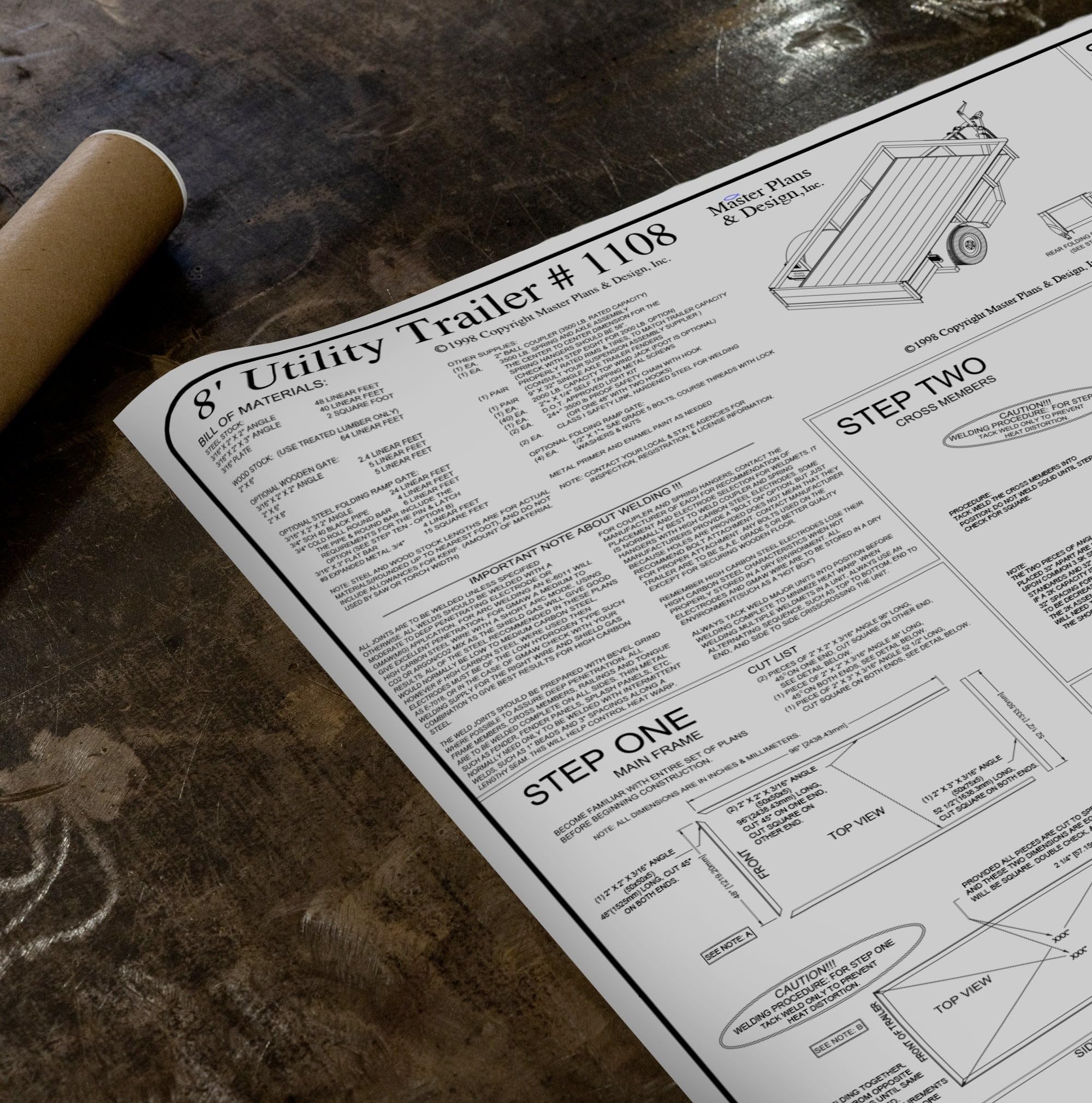1108-4' x 8' Single Axle 2K or 3.5K Utility Trailer DIY Master Plan - 14 How-to Steps w/Blueprint Paper - Engineer Approved