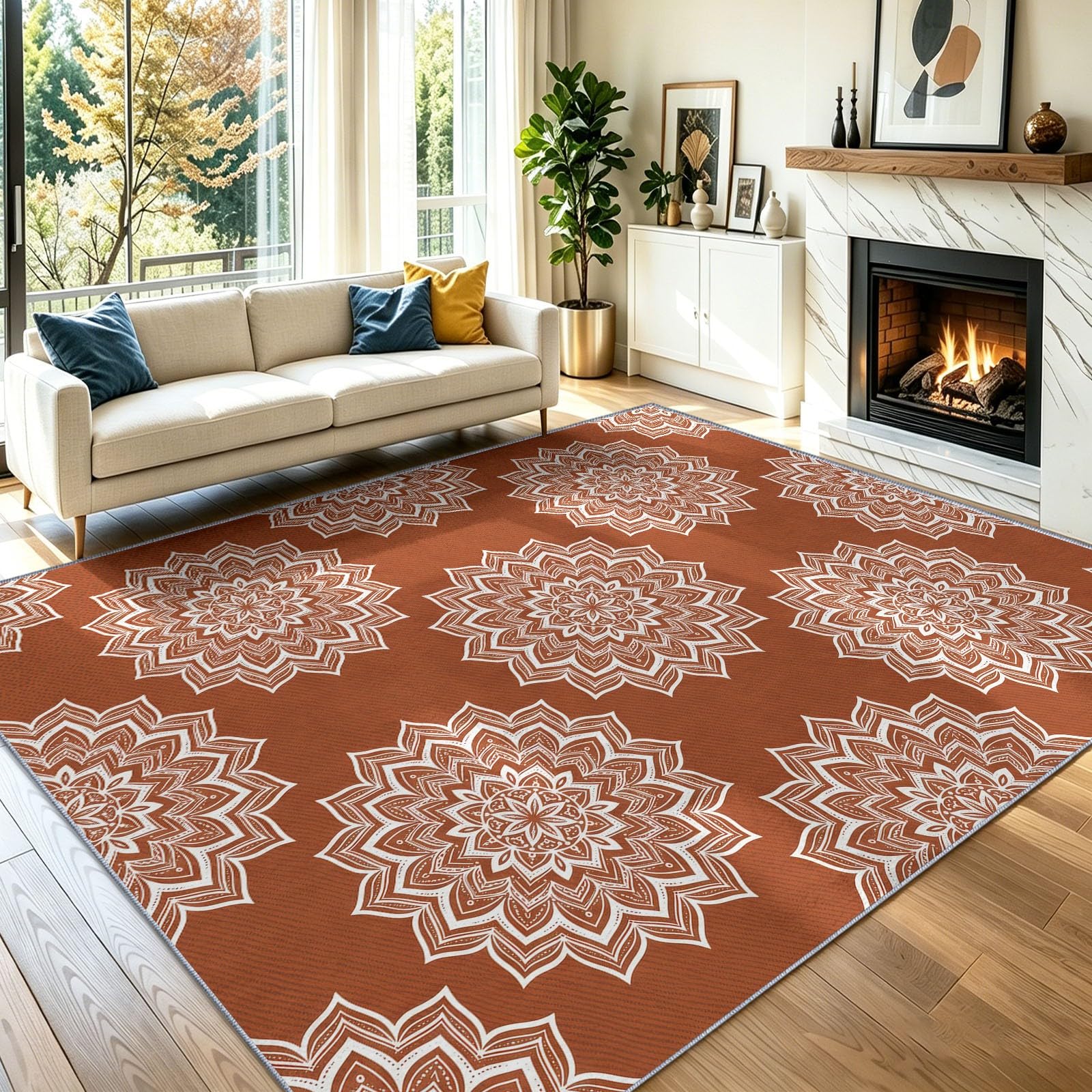 Tapis de Salon 160 x 230 cm, Marron Bohème Style Ethnique Poil Ras Tapis