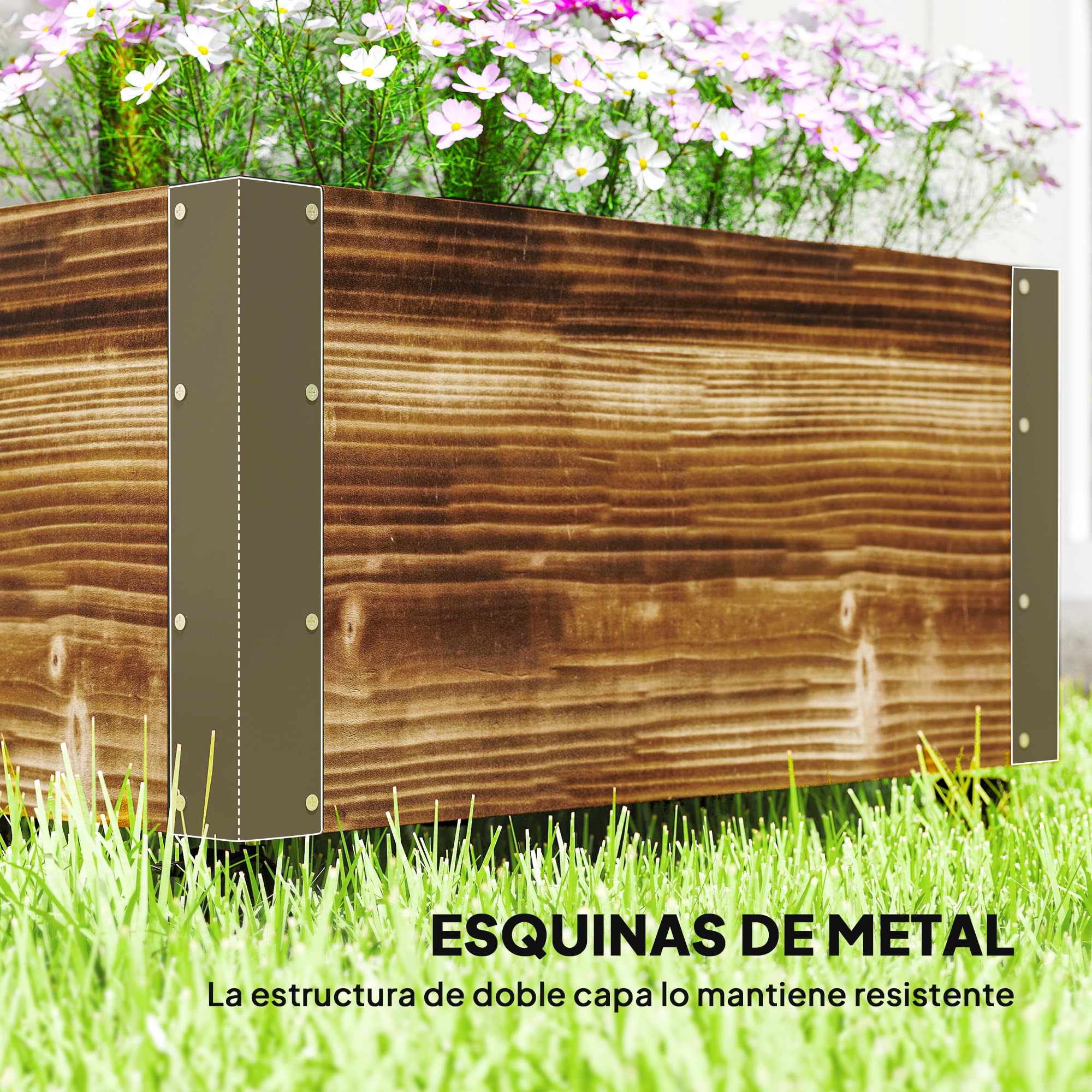 Outsunny Jardinera Exterior Grande de Madera Jardinera con Celosía para Plantas Trepadoras Tela no Tejida Ruedas y Esquinas Metálicas de Doble Capa para Patio Terraza 65x31x147 cm Carbonizado