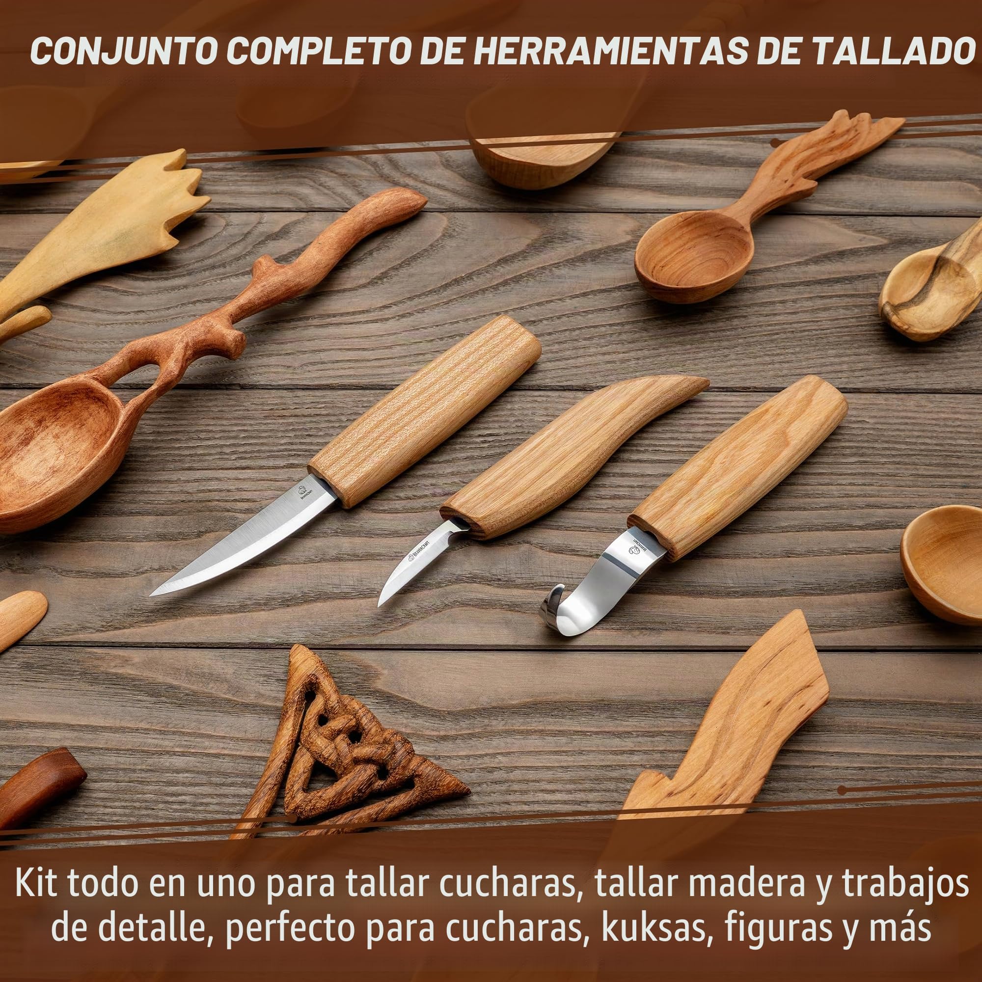 BeaverCraft, S13 Juego de Herramientas para Tallar Madera en Forma de Cuchara 3 Cuchillos Herramientas Rollo de Aserrín de Cuero y Compuesto para Pulir Gancho Cuchillo para Tallar en Forma de Cuchara