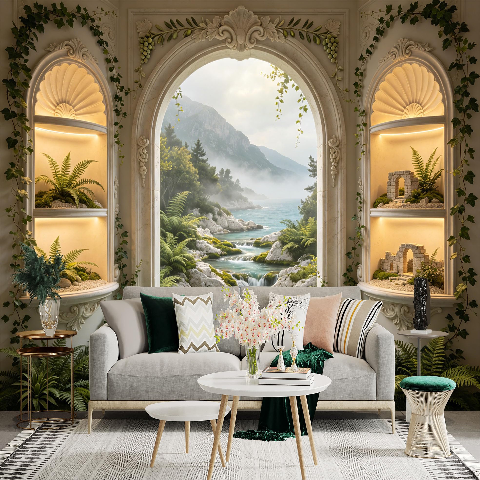 Custom Size Wall Sticker Mural， Scenic Mountain River View Through Arch Window with Lush Ferns and Ivy， for wall Decoration， peelandstick wall Decals.