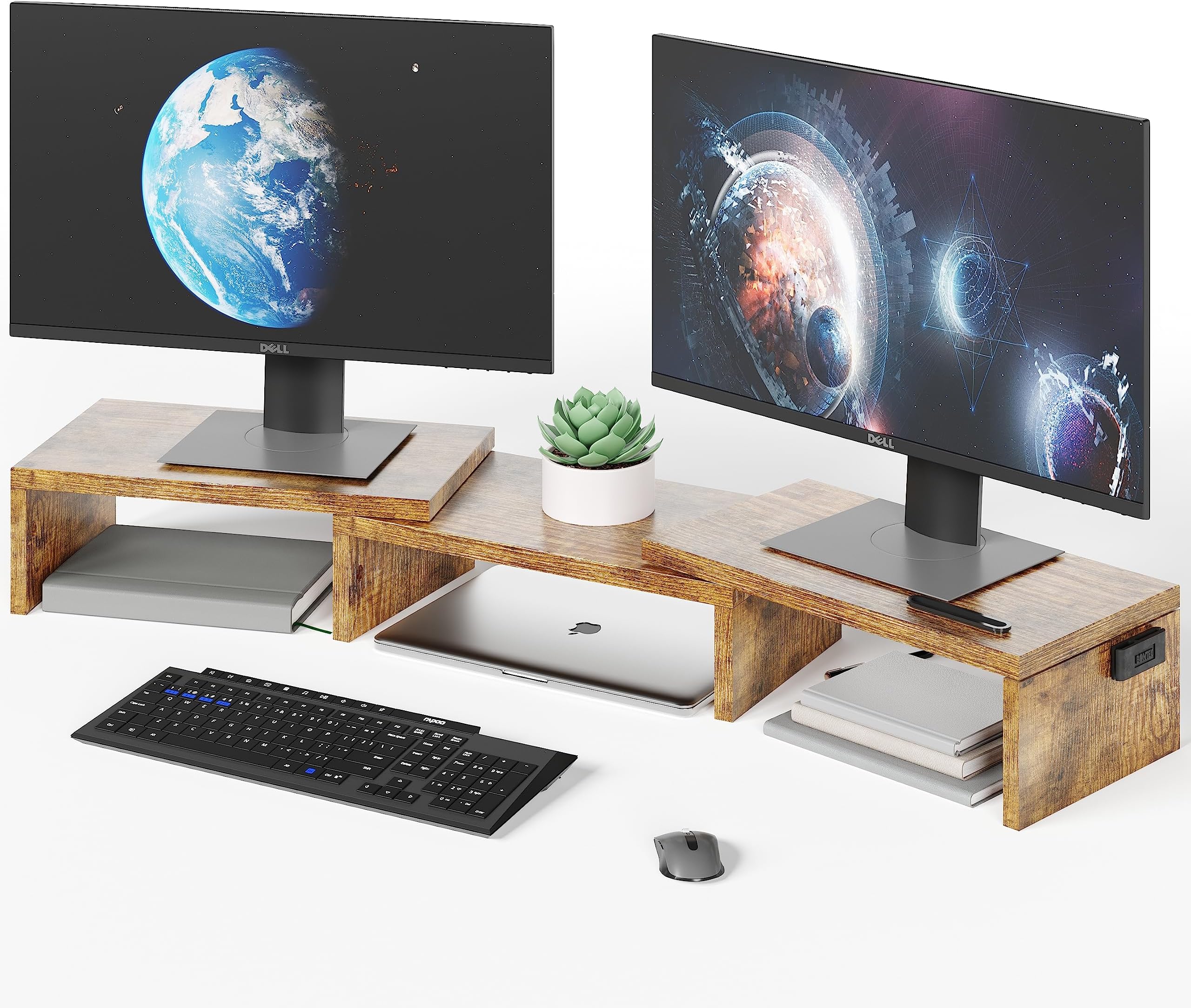 BONTEC Dual Monitor Stand Riser, Desktop Monitor Stand with Smartphone Holder, Adjustable Length & Swivel Angle Wooden Desktop Organizer Stand PC Riser for PC Monitor Laptop Printer, Rustic Brown