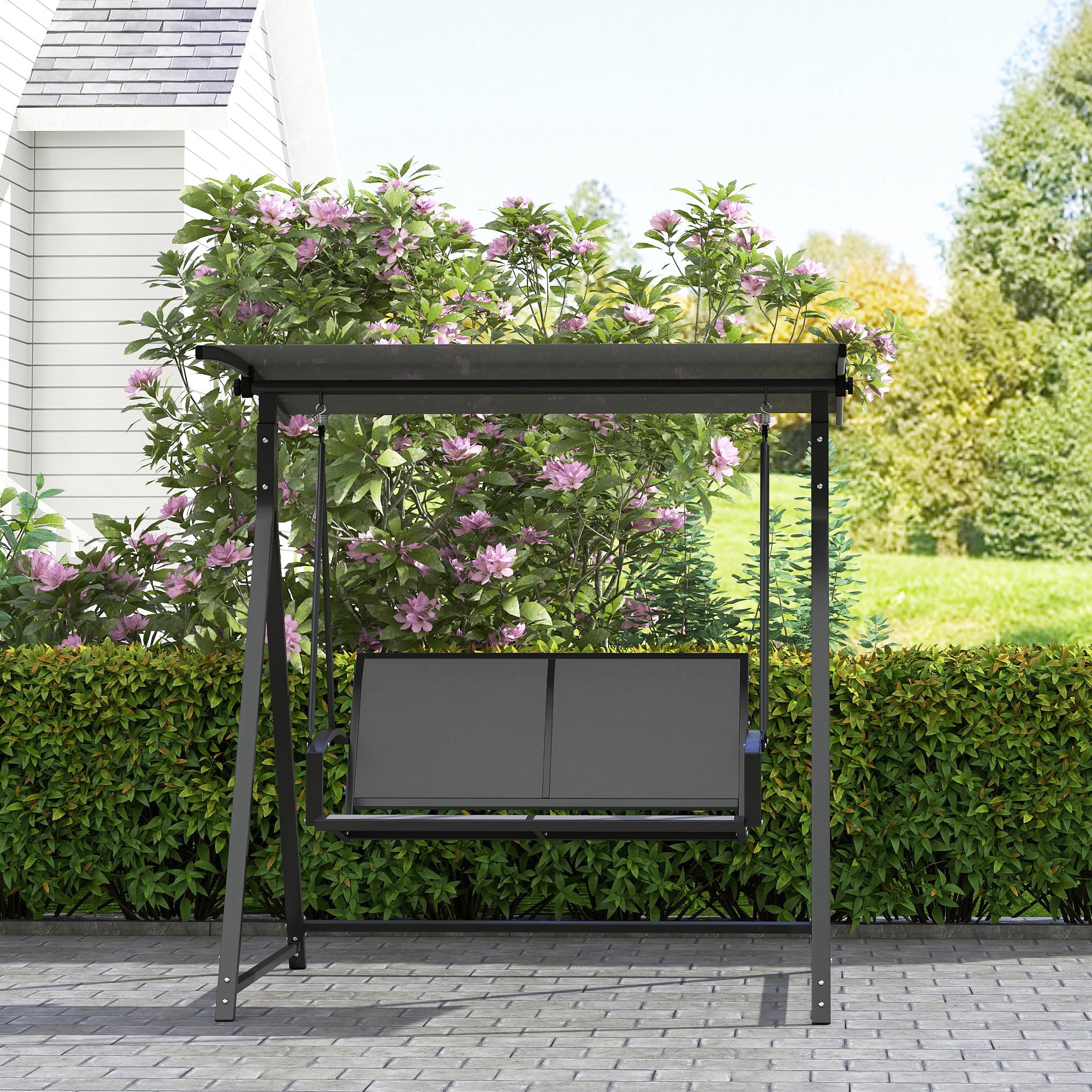 Outsunny Columpio de Jardín Exterior de 2 Plazas Balancín de Jardín Exterior con Toldo Ajustable 90° Protección UV 30+ y Estructura Triangular de Metal Carga 220 kg 160x112x162 cm Gris Oscuro