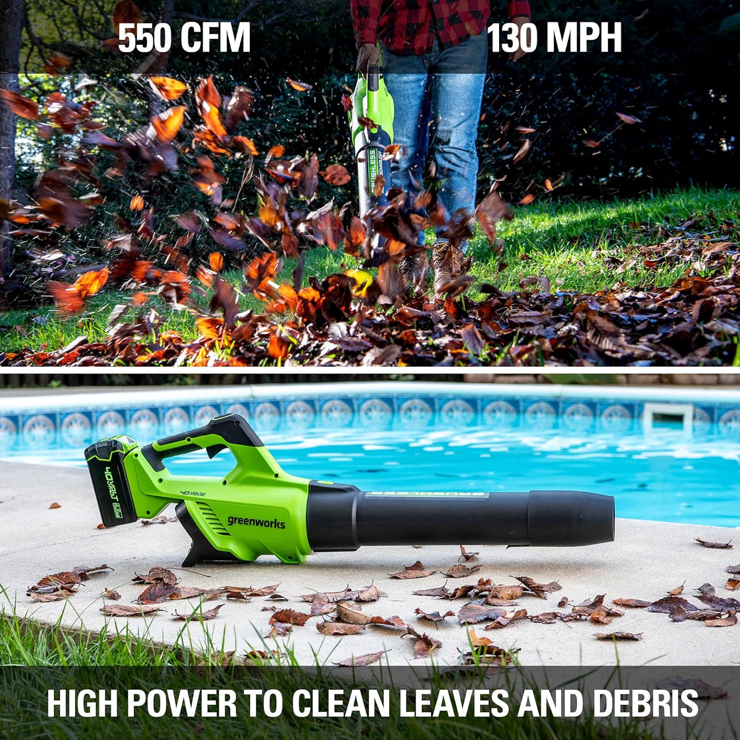 Greenworks 40V (550 CFM / 130 MPH) Brushless Axial Leaf Blower 4Ah USB Battery and Charger with 40V Hedge Trimmer