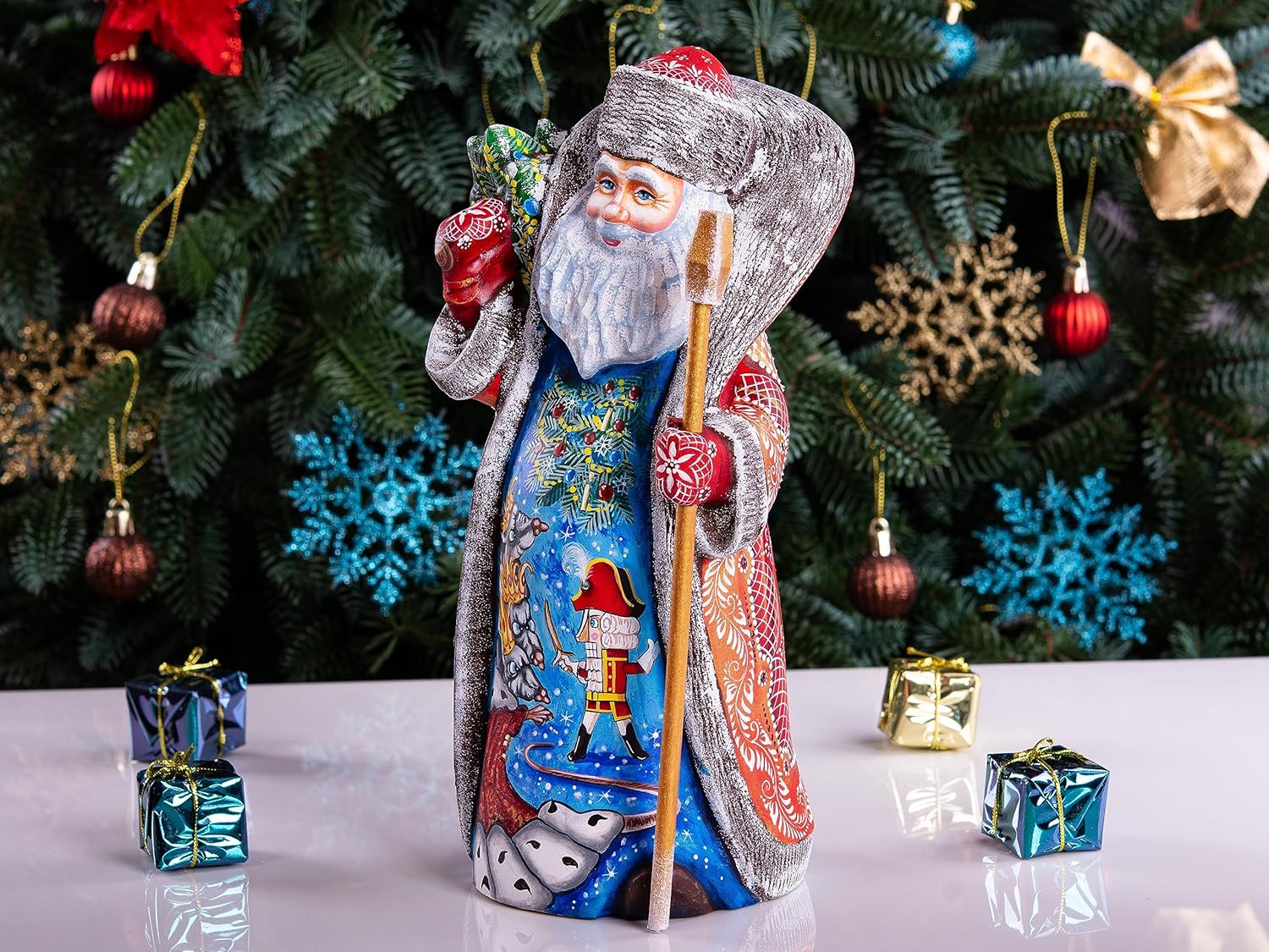 Wooden Hand Carved Santa Claus Figurine 11" Handpainted Nutcracker Scene Vintage Santa Christmas Home Decoration Made in Ukraine