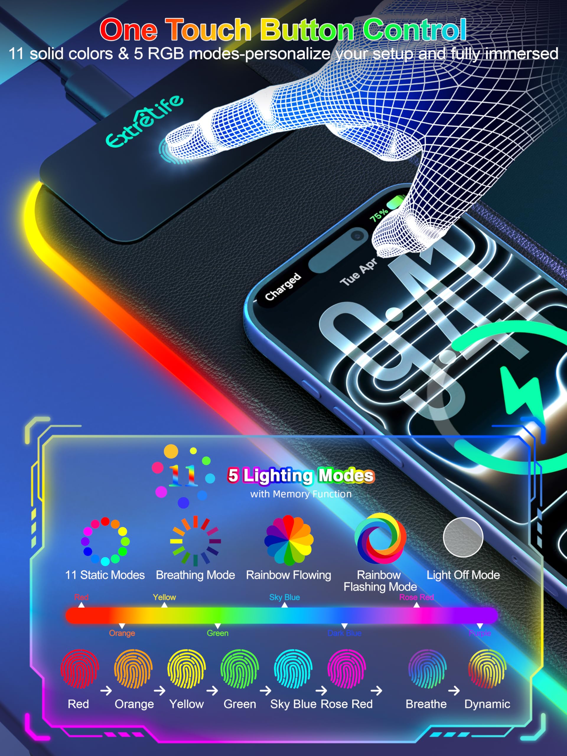 Tappetino per mouse con ricarica wireless da 15 W, tappetino per mouse da gioco RGB, tappetino da scrivania XXL da 80 x 30 cm, 16 modalità di illuminazione, tappetino per tastiera con base in gomma