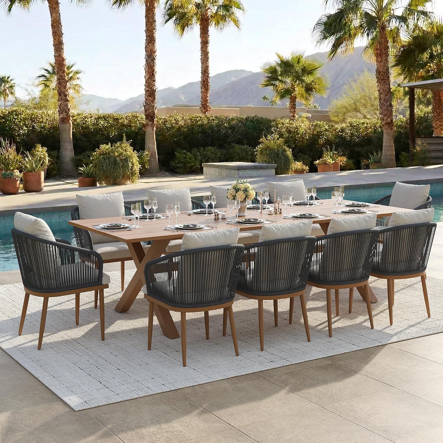 11-Piece Patio Dining Table Sets, Woven Wicker Dining Set with Rectangular Aluminum Table and Dining Chairs Modern Outdoor Dining Furniture Set for Outdoors and Indoors