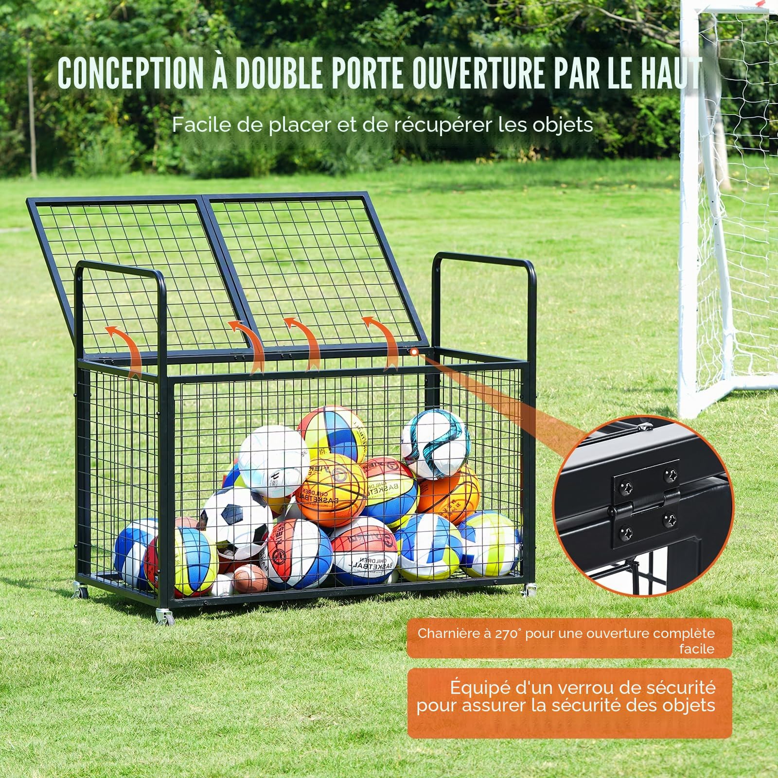 VEVOR Chariot à Ballons Verrouillable 115x61x91,2 cm Cage de Rangement pour Ballon Mobile avec 4 roulettes et Freins en Acier Organisateur pour Matériels Sportifs Gym École Garage Intérieur Extérieur