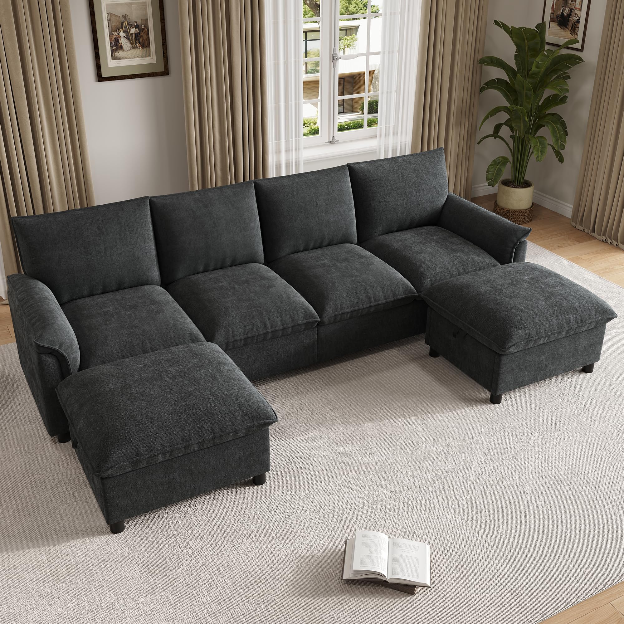 Merax Modulares Cloud-Sofa U-Form 265cm, Gemütliche Wohnlandschaft mit 2 Stauraum-Hockern, Bequemes Ecksofa mit tiefer Sitzfläche, Couch für Wohnzimmer, Grau