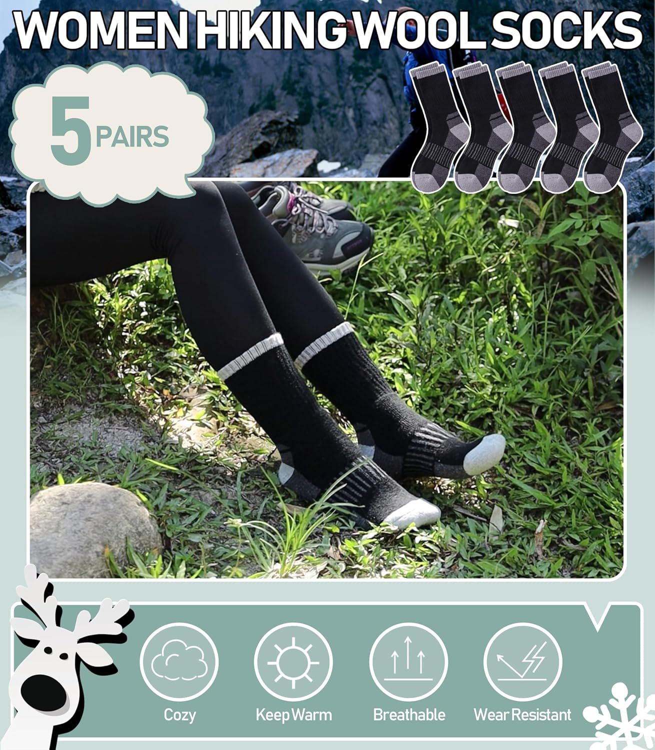 Yebing Merino Wool Hiking Socks for Womens Thermal Warm Winter Boot Crew Cushion Cozy Thick Work Gift Socks 5 Pairs - Image 3