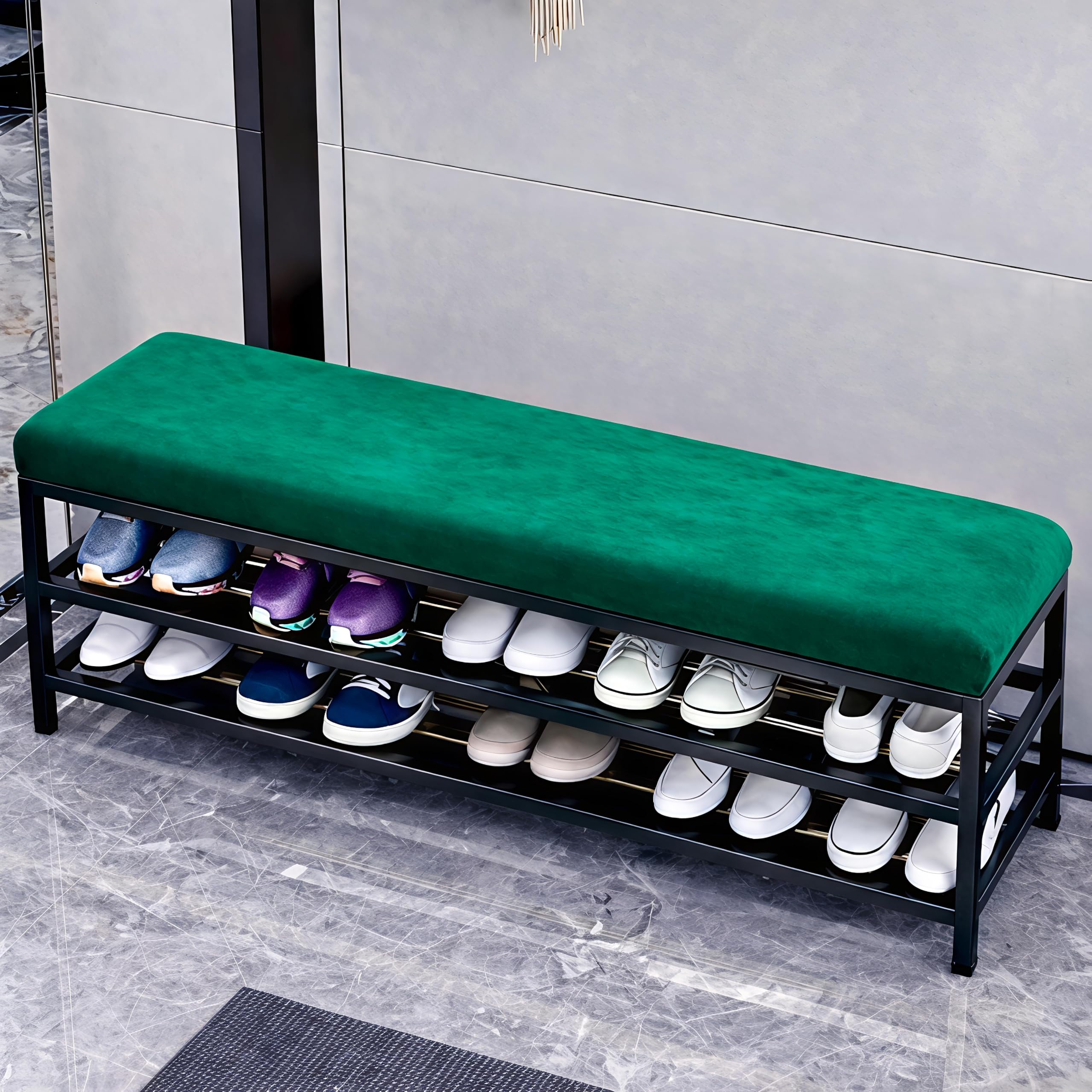 Modern Metal Shoe Rack Bench with Cushion Seat, 2-Tier Entryway Shoe Storage Organizer (76 x 36 x 45 cm) (Green, Metallic Powder Coating)