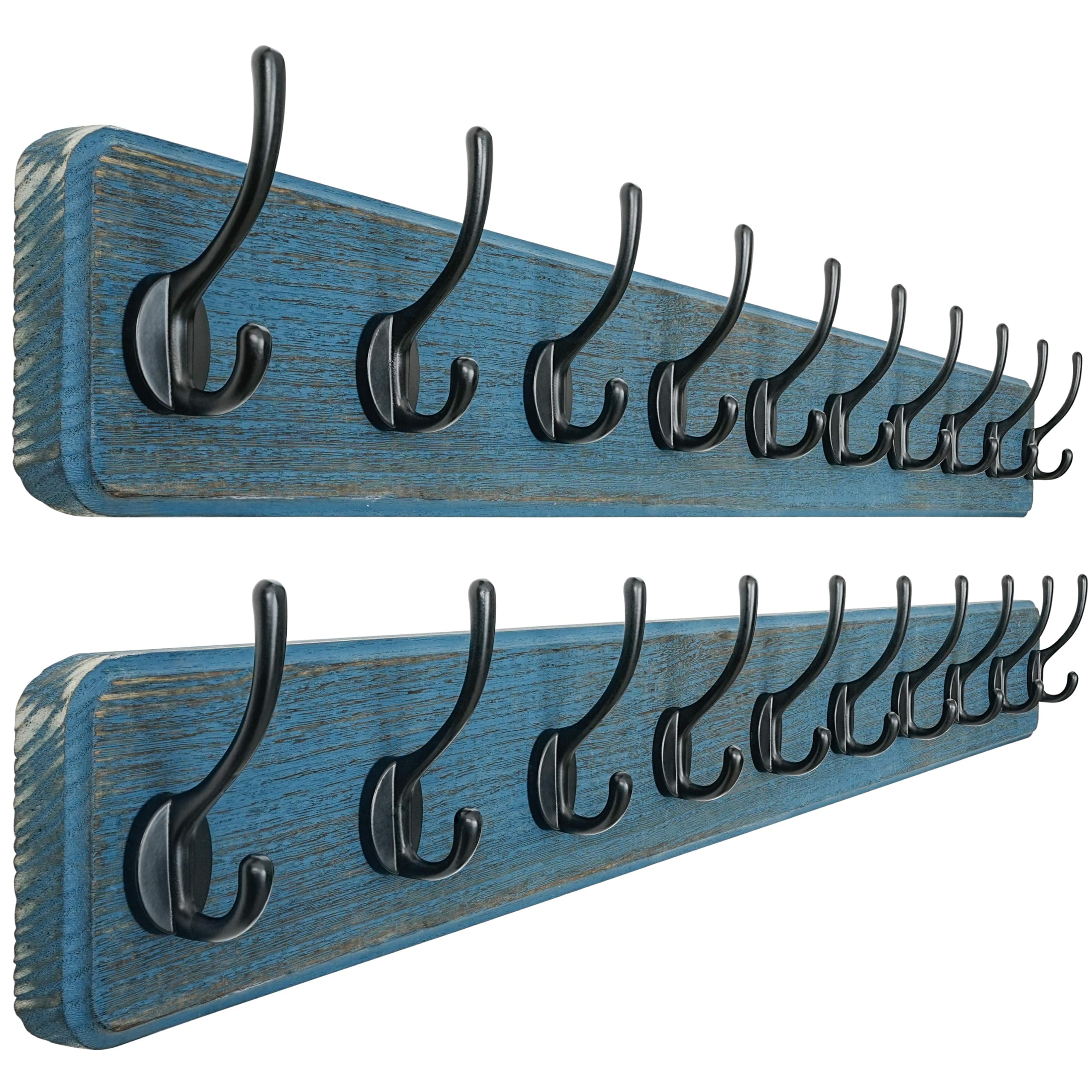 Dseap Coat Rack Wall: 97cm Long, Patented, Heavy-Duty, 10-Double-Hooks Wooden Wall Mounted Coat Rack Coat Hanger Hook Rail for Winter Coats Hat Jacket Clothing, Weathered Blue, Pack of 2