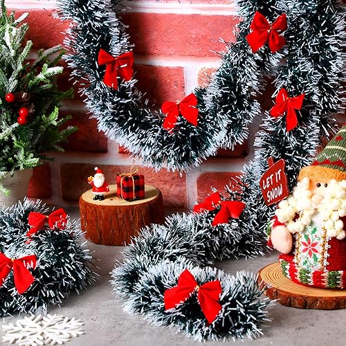 Miniatura 6 de Riceshoot Guirnalda de oropel de Navidad de 131.23 pies con lazo rojo metálico brillante colgante guirnalda para fiesta de Navidad, árbol, escalera,