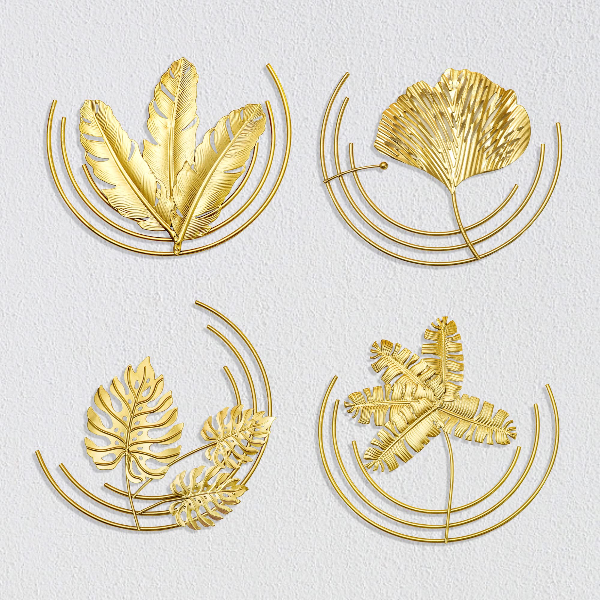 PTSGCAI 4pack Home Metal Wall Decor, 9" Golden Ginkgo Leaf Wall Hanging Decor with Frame, Golden Metal Art Wall Sculpture for Interior Outdoor Decoration