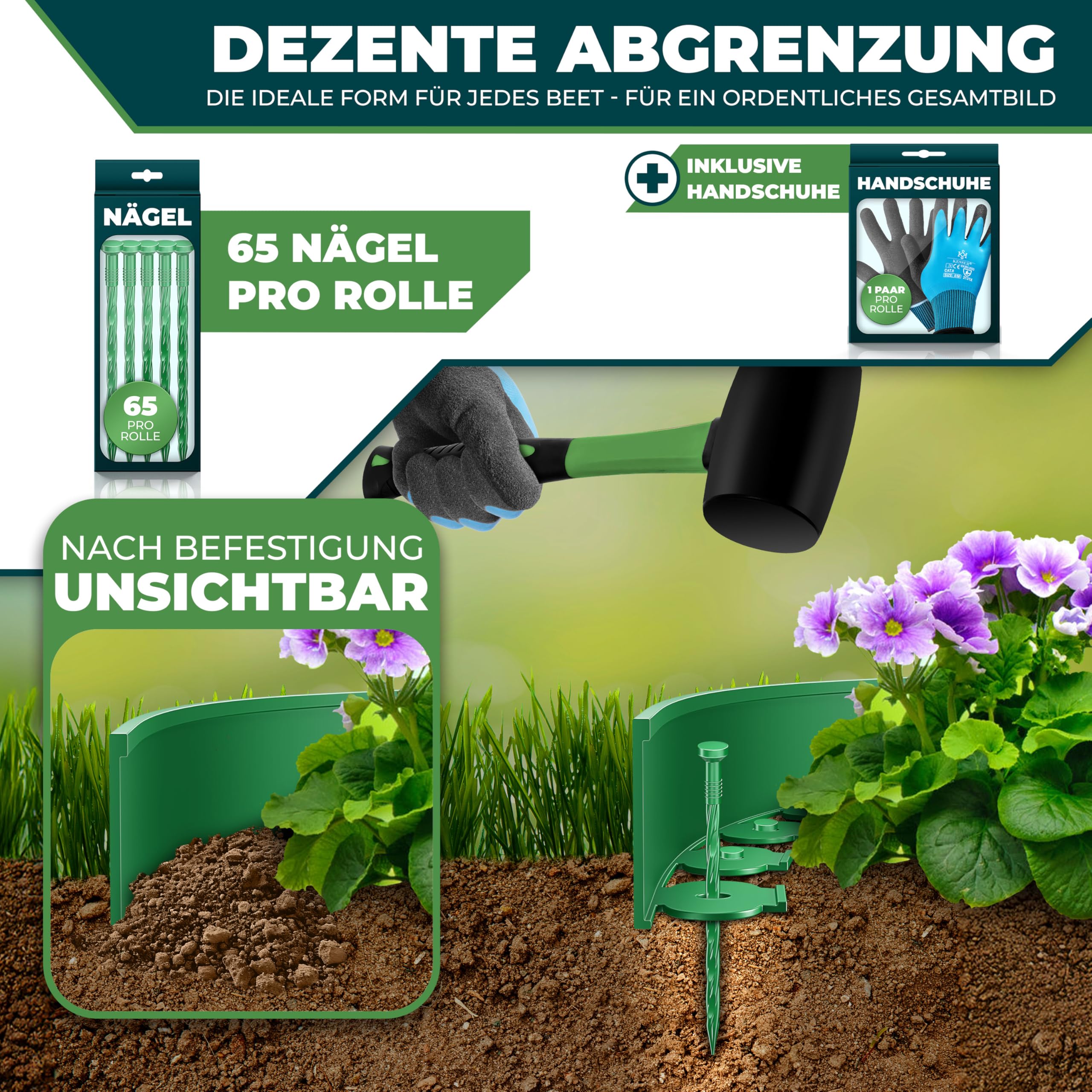 KESSER® Borde Flexible para césped de plástico, cercado de arriates, Borde de arriates, Borde de arriates, Borde de césped, Inlc. Guantes, 50 m x 5 cm, Verde