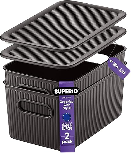 Superio Cestas organizadoras decorativas de plástico con tapa para el hogar, color marrón medio (paquete de 2  5 litros), caja apilable para