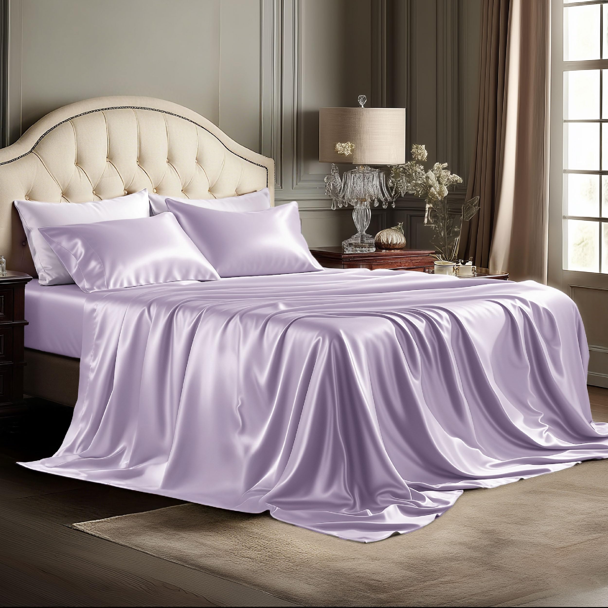 Satin Sheets Full Size - 4 Piece Silky Bedsheets with 15 Inches Deep Pocket Fitted Bedsheet,1 Flat Sheet, 2 Satin Pillowcases, Good for Hair & Skin (Full, Lavender)