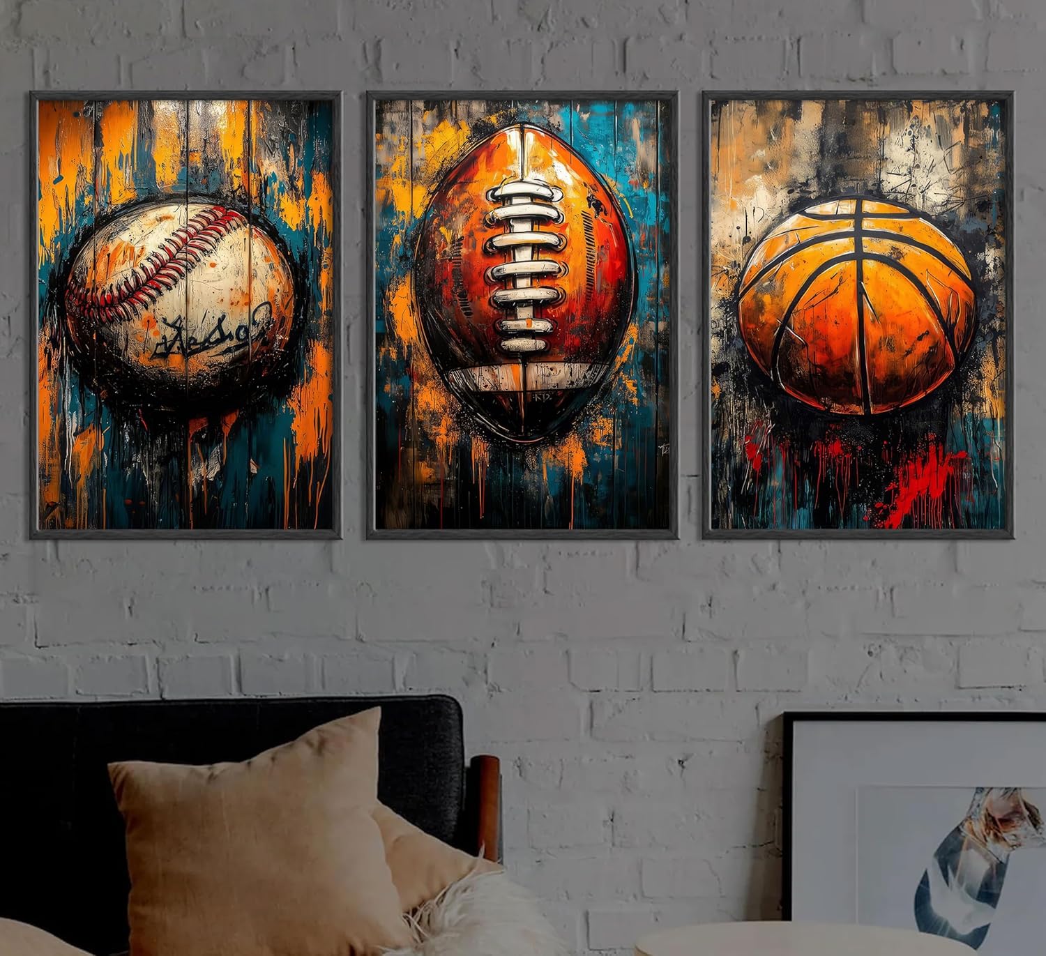 3Pcs Graffiti Sports Canvas Wall Art Vintage Basketball Football Baseball Posters Prints Colorful Street Pop Art Painting Pictures Sports Wall Decor for Boys Bedroom Unframed