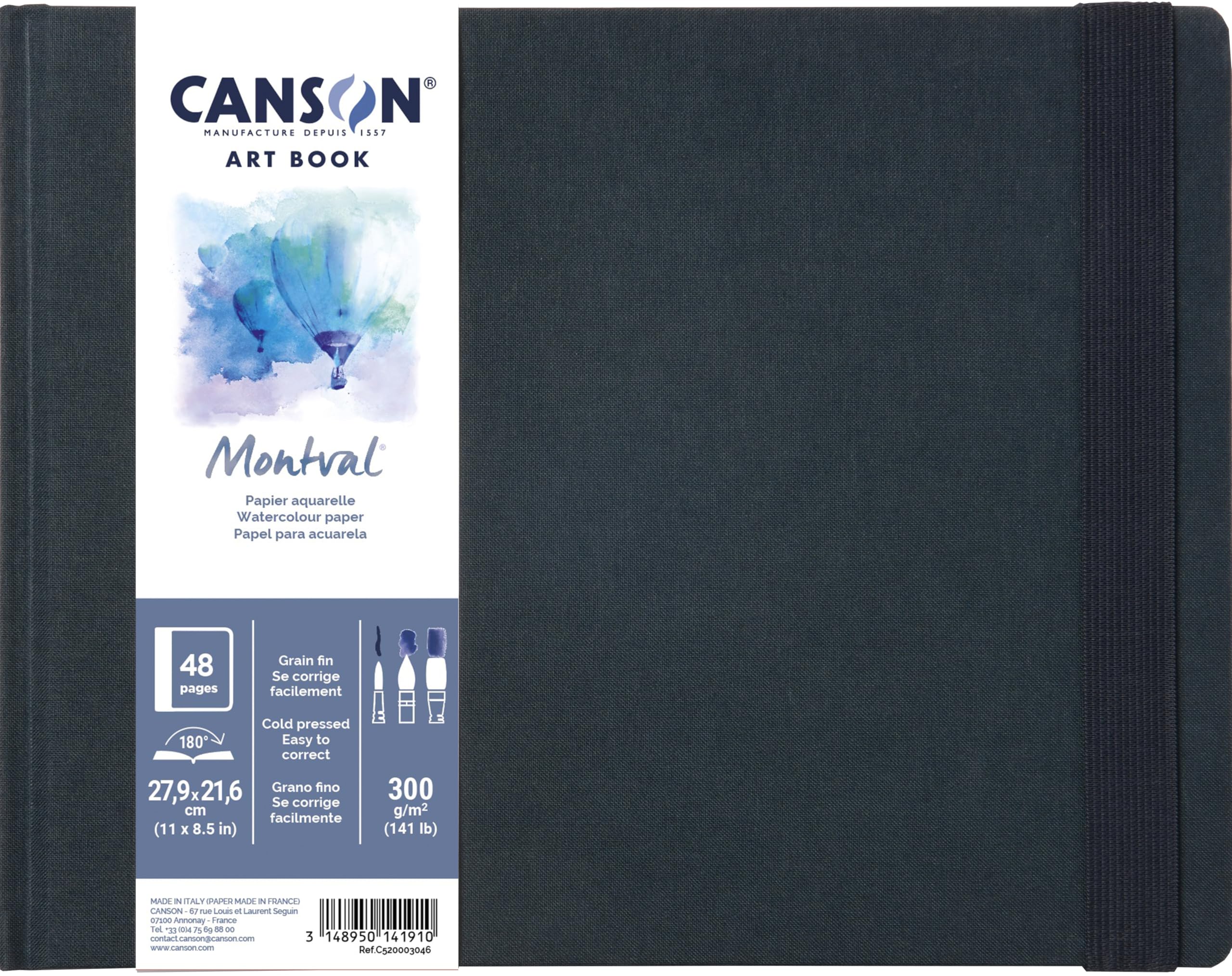 Canson Professional Book, Watercolor Paper, Fine Grain, 300gsm, Stitched Notebook, Hardcover, 28x21.5cm, White, 24 Sheets