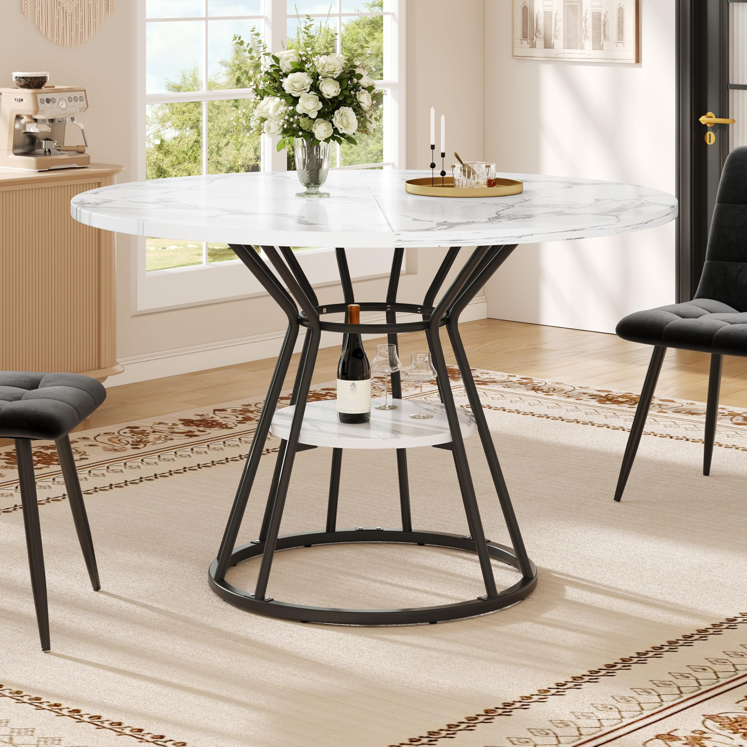 Modern Round Marble Dining Table Sturdy Kitchen Table with Metal Legs and Adjustable Feet Perfect for Dining Room and Breakfast Nook Stylish and Functional Design