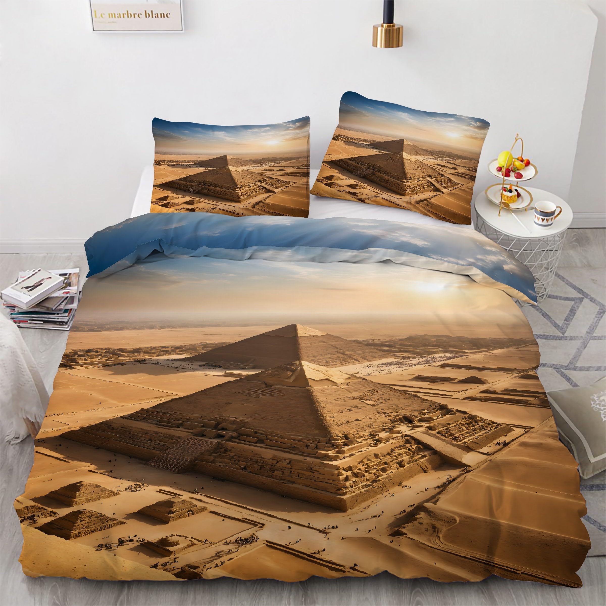 Housse de couette 220x240 Pyramides Egypte : fini la couette qui glisse avec le zip intégré