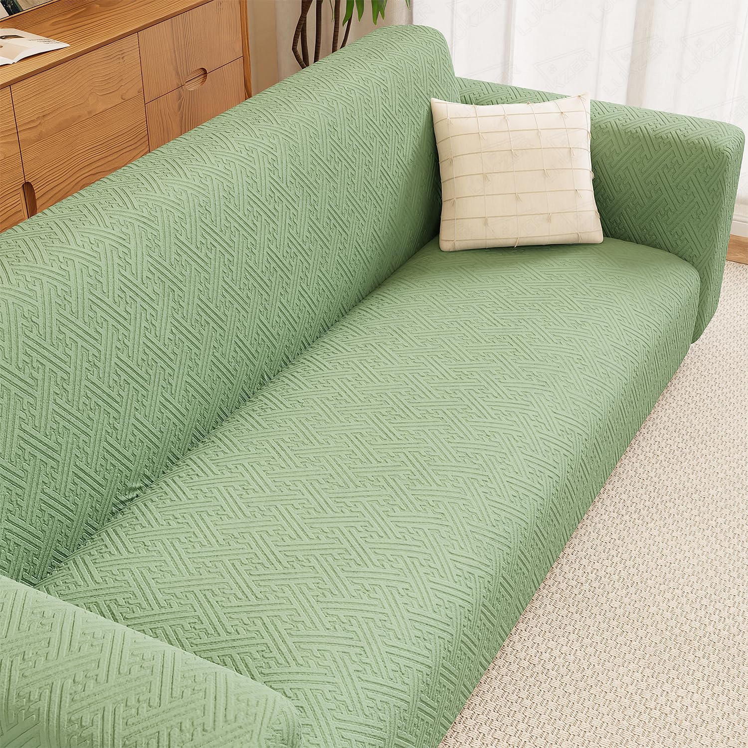 Lukzer 3 Seater Pastel Green Grid Maze Pattern Sofa Cover | 240 GSM Universal Stretch Fit Jacquard Fabric Couch Protector | Fully Covered Anti Slip & Washable Sofa Cover (180-230cm/SC-107-03)-image-47