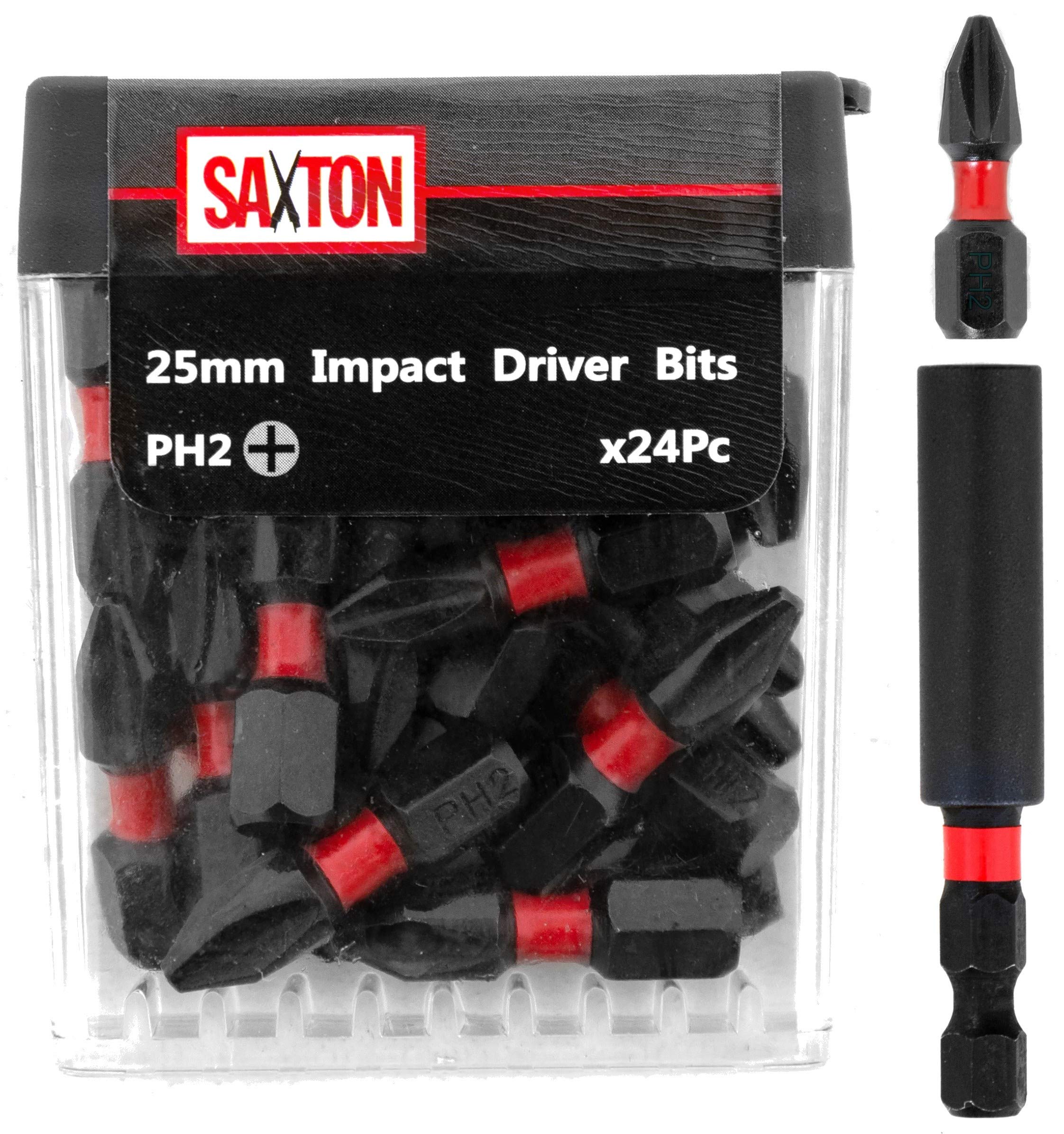 Saxton 24x PH2-25mm Impact Duty Screwdriver Drill Driver Bits Set + Bit Holder Tic Tac Box Compatible with Milwaukee Bosch