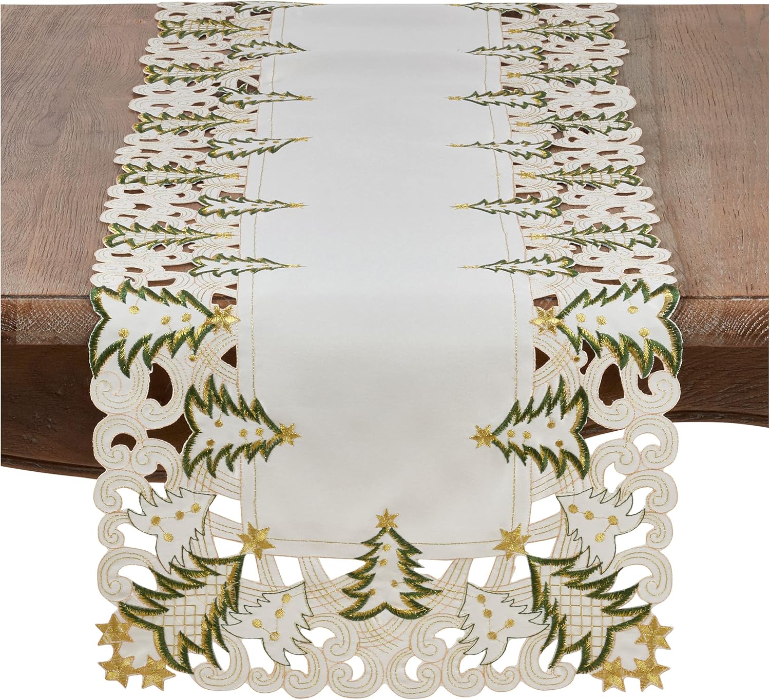 Red Christmas Tree Cutwork and Embroidered Holiday Table Runner, 16" X 68" Rectangular