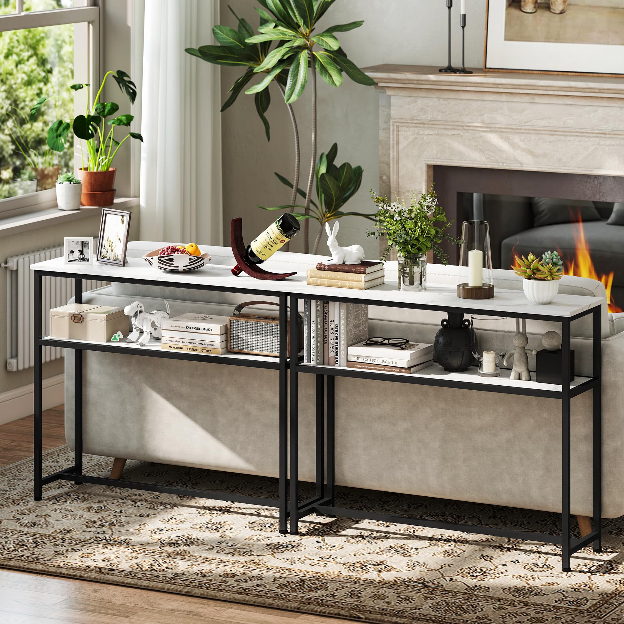 HOMCOM Mesa Consola Moderna Consola Recibidor Estrecha 100 cm Blanco | Superficie con Efecto Mármol, Estante Abierto, Marco de Metal, Mesa de Sofá, para Entrada Sala de Estar