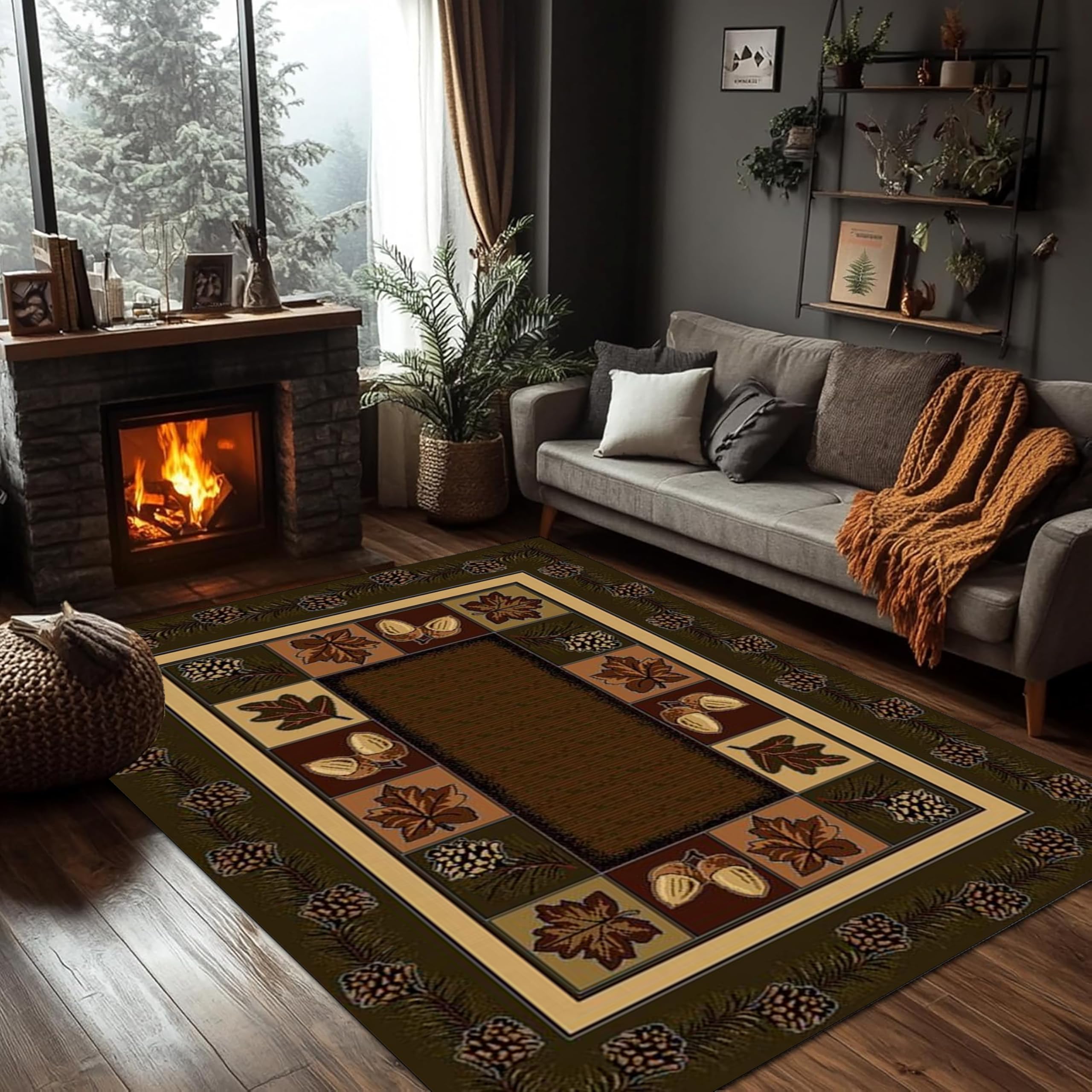 PDENZG Farmhouse Country Cabin Carpet，80x150cm,Vintage Plaid Pine Cone Rustic Rug, Low Pile Non-Slip Brown Large Rugs for Living Room, for Bedroom Offices Dining Room Home Decor Floor Mat
