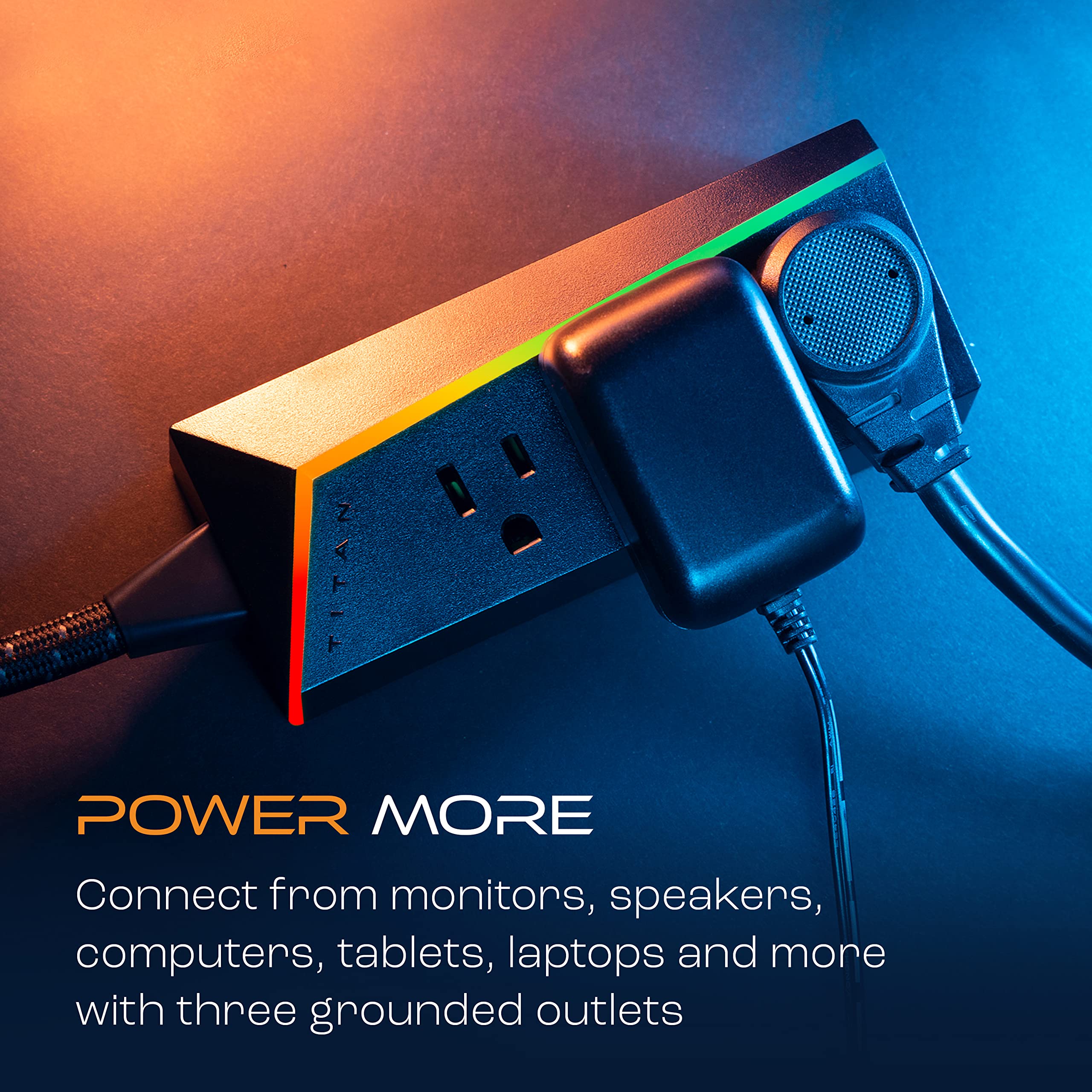 Titan 3Outlet Power Strip, 4 Ft Braided Extension Cord, LED Light Strip