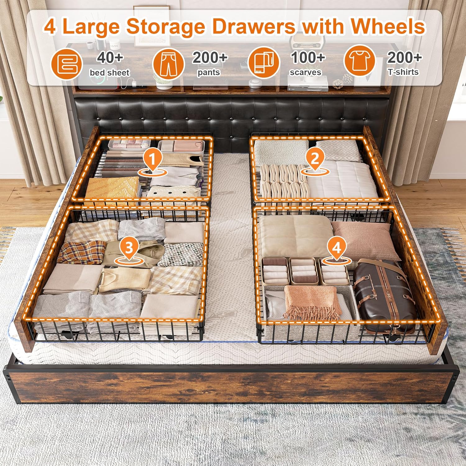 EnHomee King Size Bed Frame with 4 Storage Drawers, King Bed Frame and Headboard with Built in Charging Station,No Noise,No Box Spring Needed,Vintage Brown