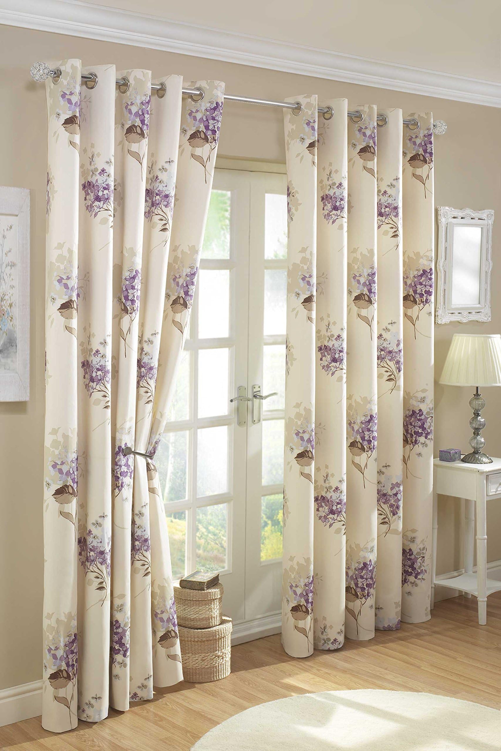 90" x 90" Aston Lavender Curtains, Lined Eyelet / Ring Top, Floral Bouquet Print, Lilac Purple Cream Beige Latte