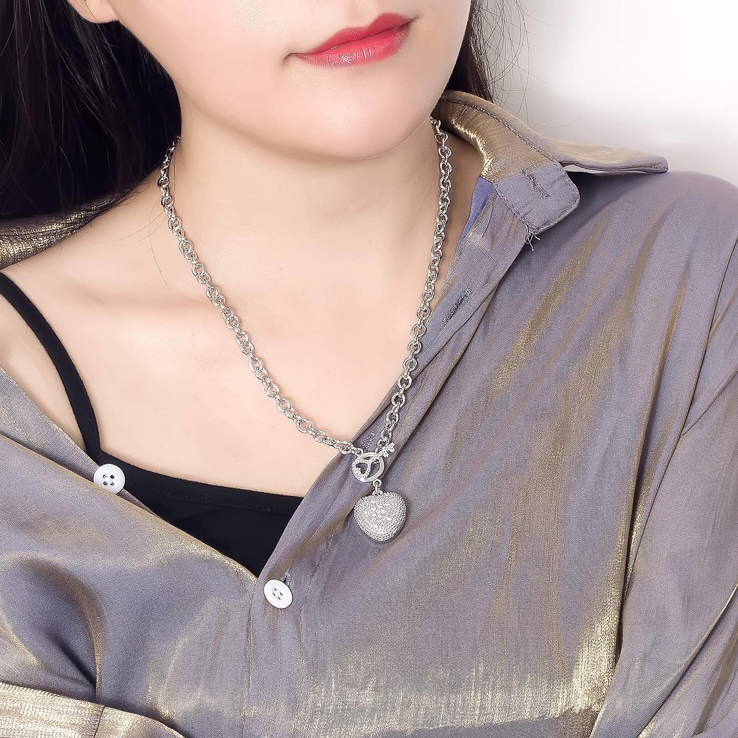 H&Beautimer Handmade in Italy - 925 Sterling Silver Necklace -Women's AAAAA CZ Zircon Heart/Lock Pendant Necklace Rolo Chain 18,20 Inch - Charm Jewelry - Birthday Gift - Image 3