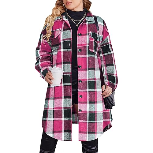 Zeagoo Womens Plus Size Flannel Plaid Button Down Shirts Long Sleeve Lounge Lapel Tartan Shacket Jacket Long Coats 2024